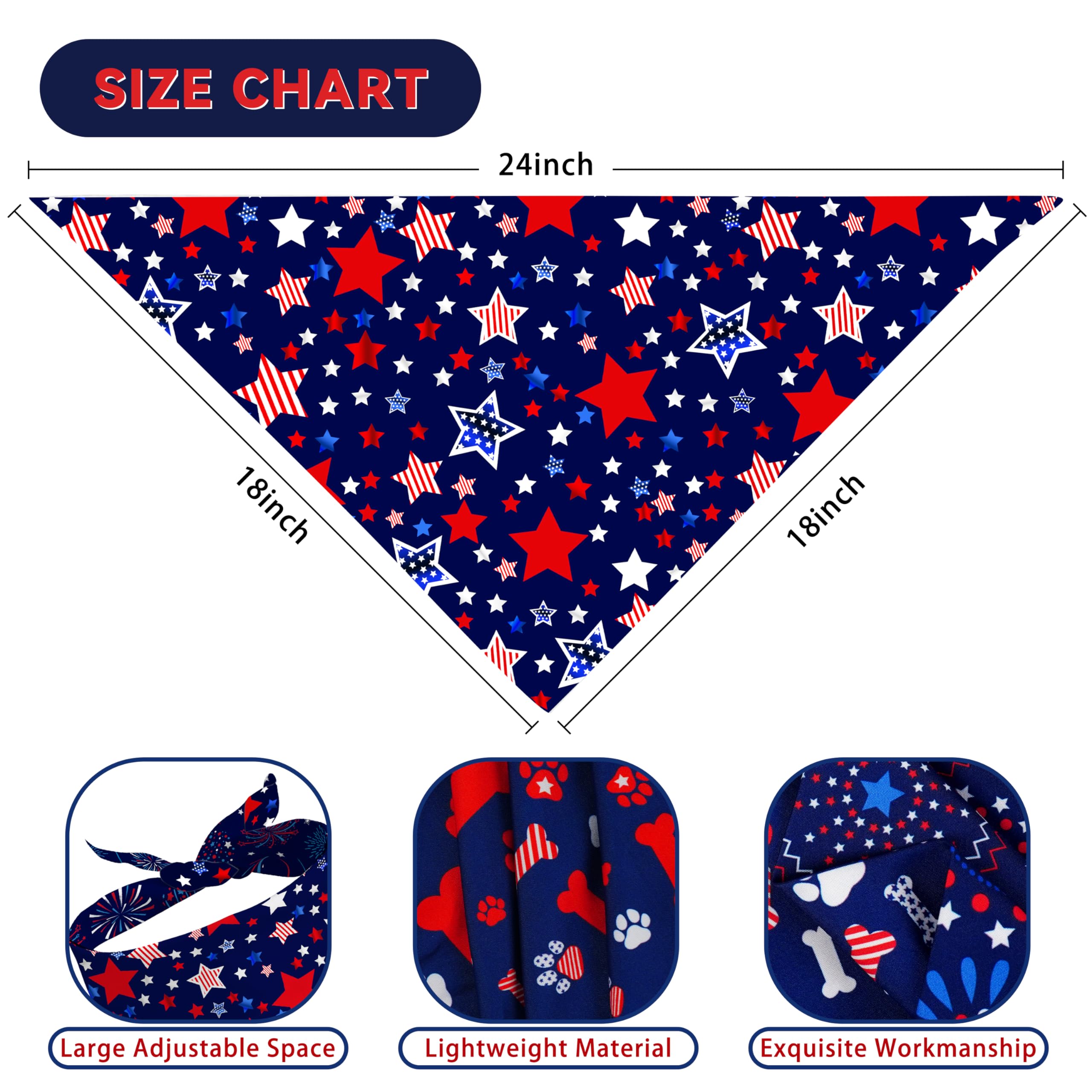 4Th Of July Dog Bandana Reversible 2 Pack Small, Red White And Blue Dog Paw Star Patriotic Dogs Bandanas Set Adjustable Triangle