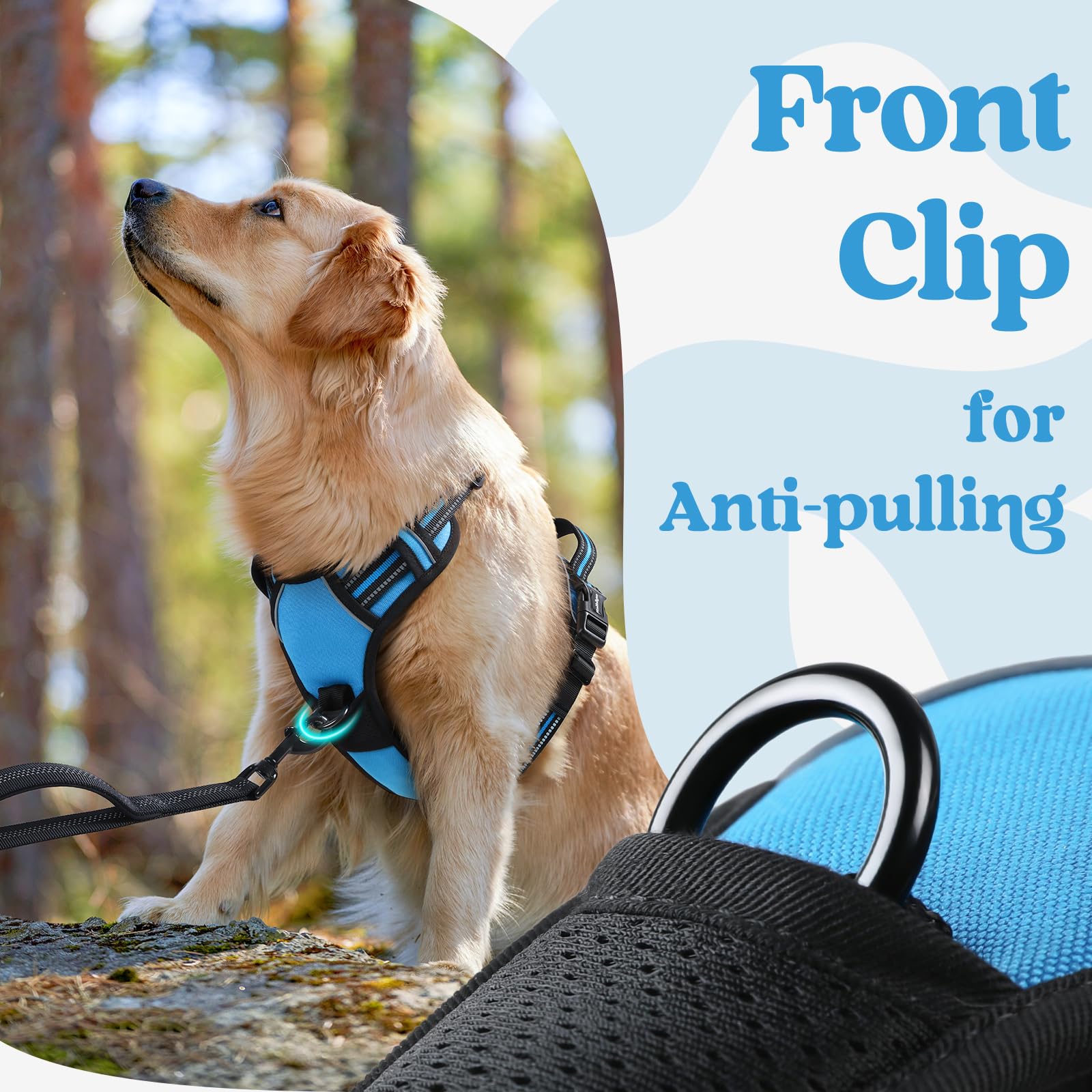 Rabbitgoo Dog Harness For Large, No Pull Pet Harness With 3 Buckles, Adjustable Soft Padded Pooch Vest With Instant Control Handle, Easy Walking Reflective Pet Vest For Large Dogs, Sky Blue, L