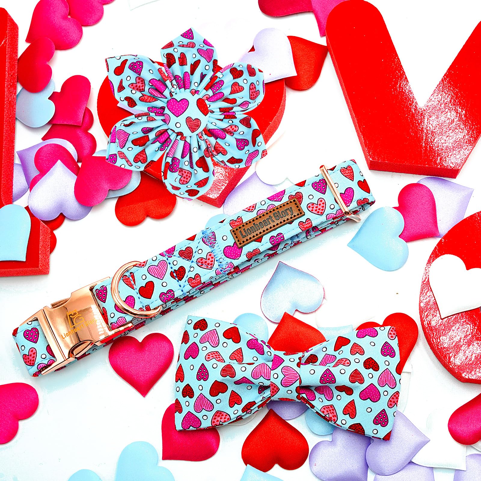 Lionheart Glory Valentine'S Day Dog Collar-Red Hearts Print Dog Collar With Flower For Large Dogs Spring Blue Cute Dog Bow Colla