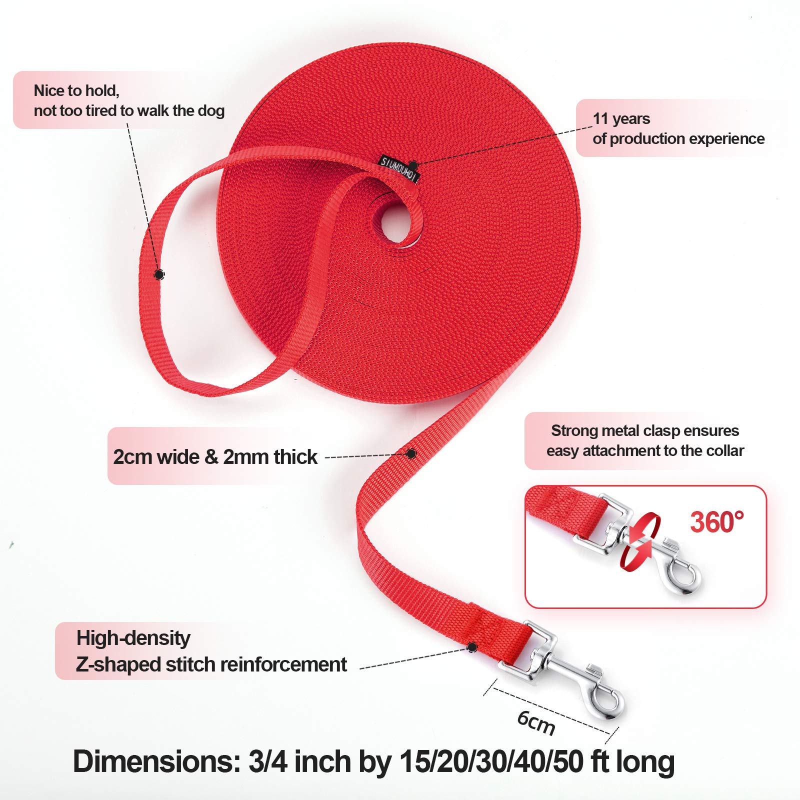 Siumouhoi Dog/Puppy Obedience Recall Training Agility Lead-15 Ft 20 Ft 30 Ft 40 Ft 50 Ft Long Leash -For Training Leash, Play, Safety, Camping,Or Backyard (40Feet, Red)