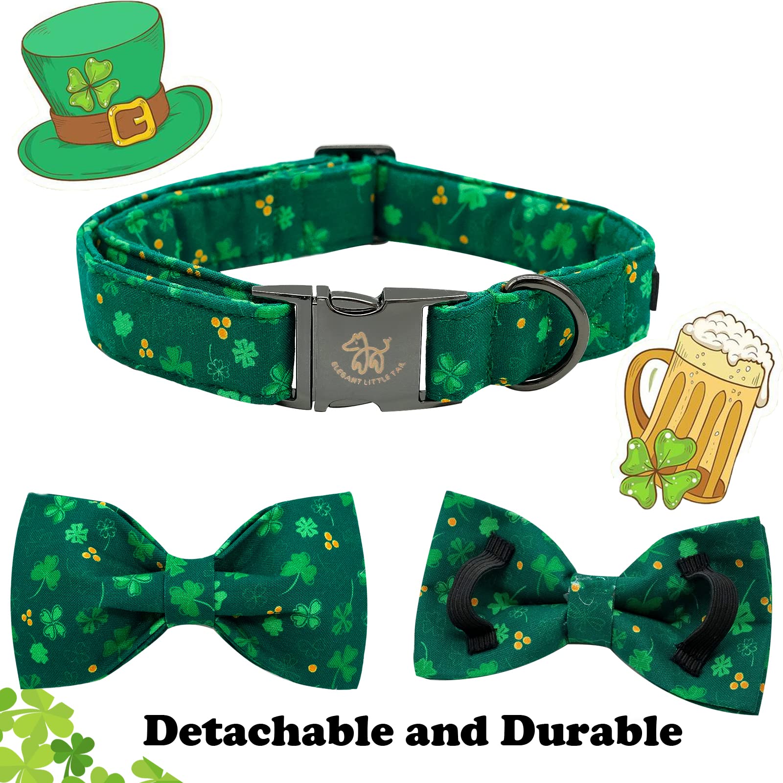 Elegant Little Tail St. Patrick'S Day Dog Collar With Bow - Green Clover Bowtie Adjustable For Large Dogs - Pet Gift