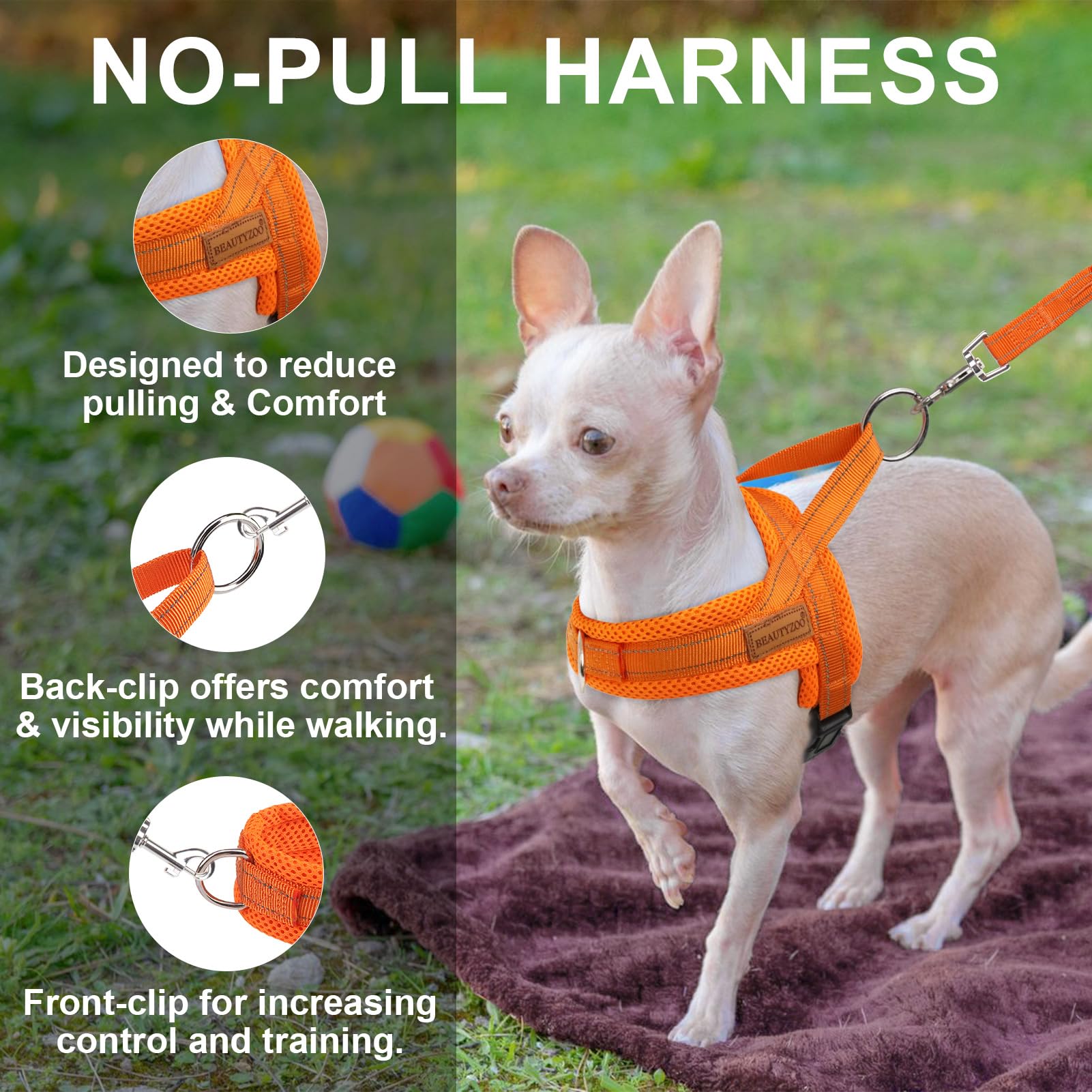BEAUTYZOO Dog Harness for Small Dogs, No Pull, Reflective, XS, Orange Mesh, Model 7004577