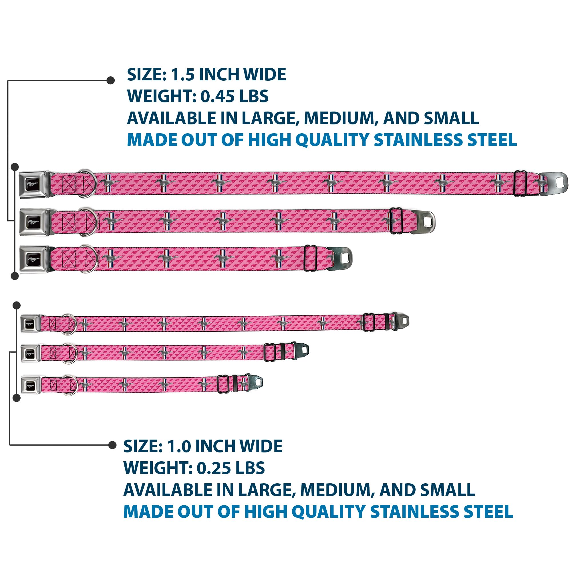 Buckle-Down Dog Collar Seatbelt Buckle Ford Mustang Bars Text Pink Logo Repeat 18 To 32 Inches 1.5 Inch Wide, Dc-Wfm010-Wl