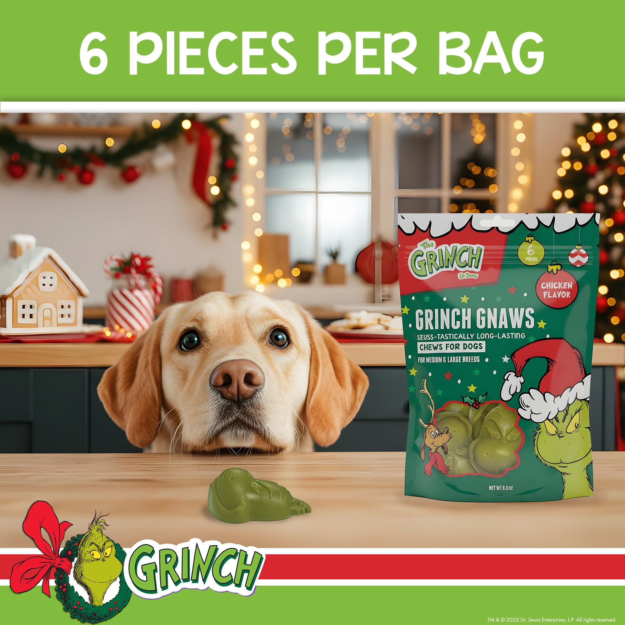 Dr. Seuss The Grinch Gnaws Chicken Dog Treats - Long Lasting Holiday Chews for Medium & Large Dogs, with Fillable Cavity for Spr