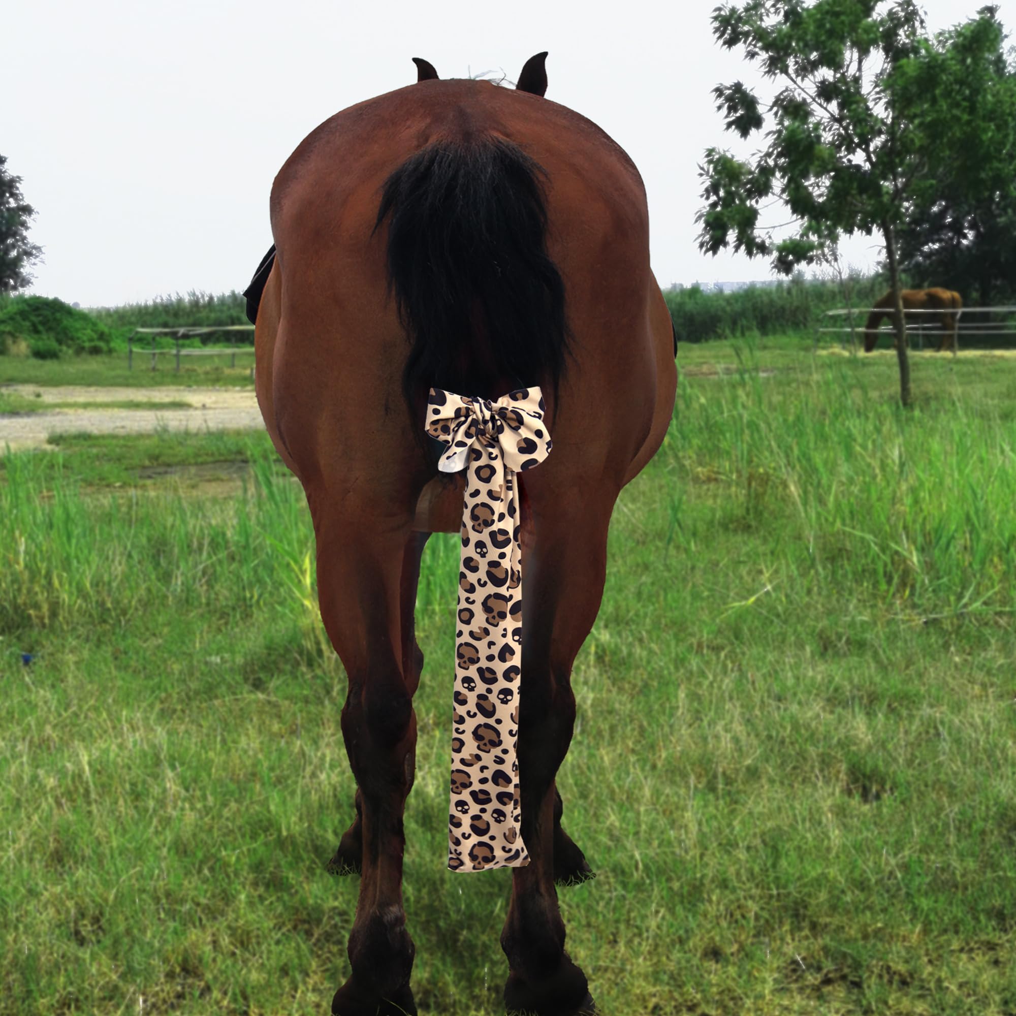 Horzmetnex Horse Tail Bag,Stretch Fabric, Leopard Print With Skull And Leaf Patterns, Fits All Tail Sizes, Tail Protection And D