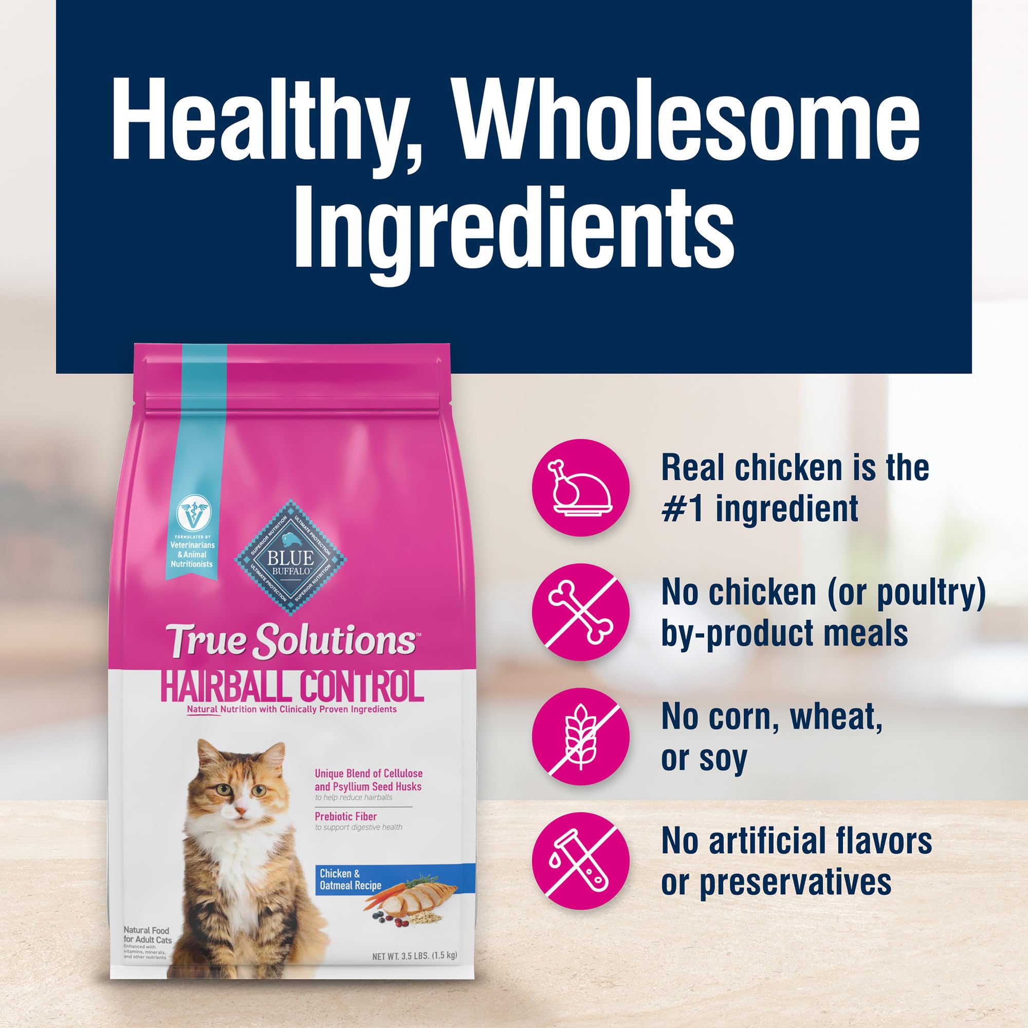 Blue Buffalo True Solutions Hairball Control Natural Dry Cat Food for Adult Cats, Chicken, 11-lb. Bag