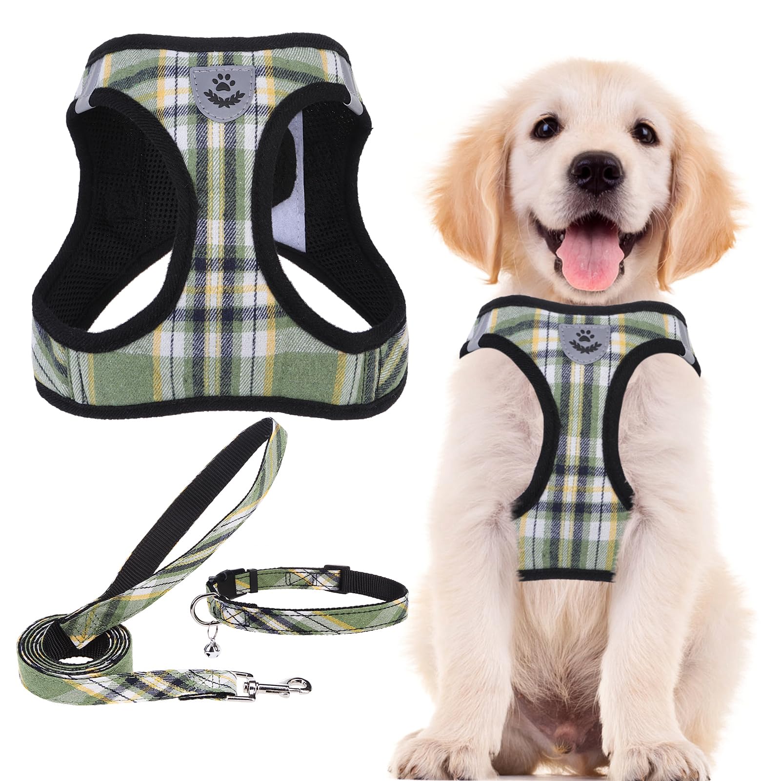 Pupteck Adjustable Dog Harness Collar And Leash Set Step In No Pull Pet Harness For Small Medium Dogs Puppy And Cats Outdoor Walking Running, Soft Mesh Padded Reflective Vest Harnesses, Grn&Ylw, S