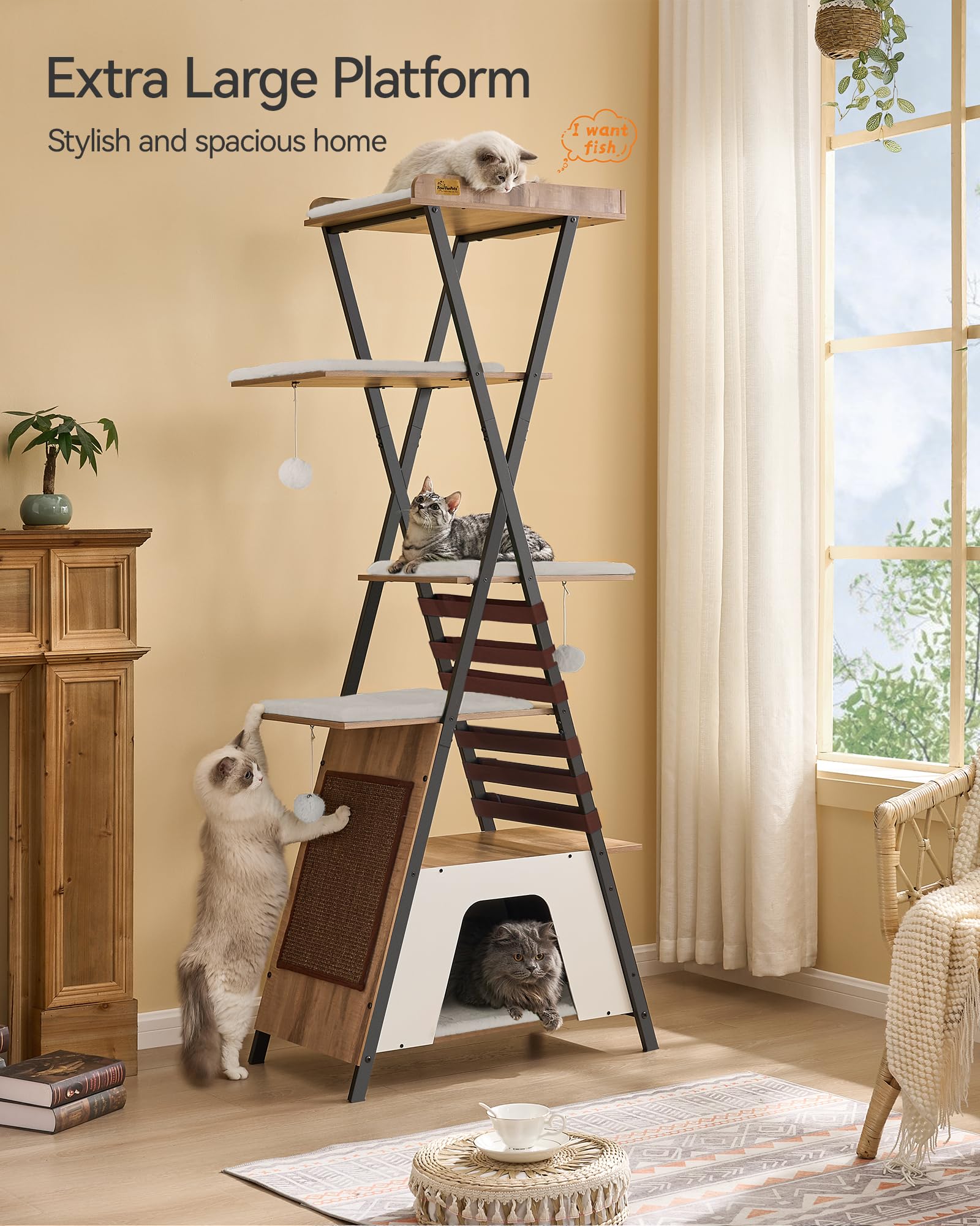 FourFurPets Cat Tree 72.4" Multi-Level Condo, Wooden, Large, Camel Brown, Model 111PMJA05G02, with Scratching Board and Removable Pads