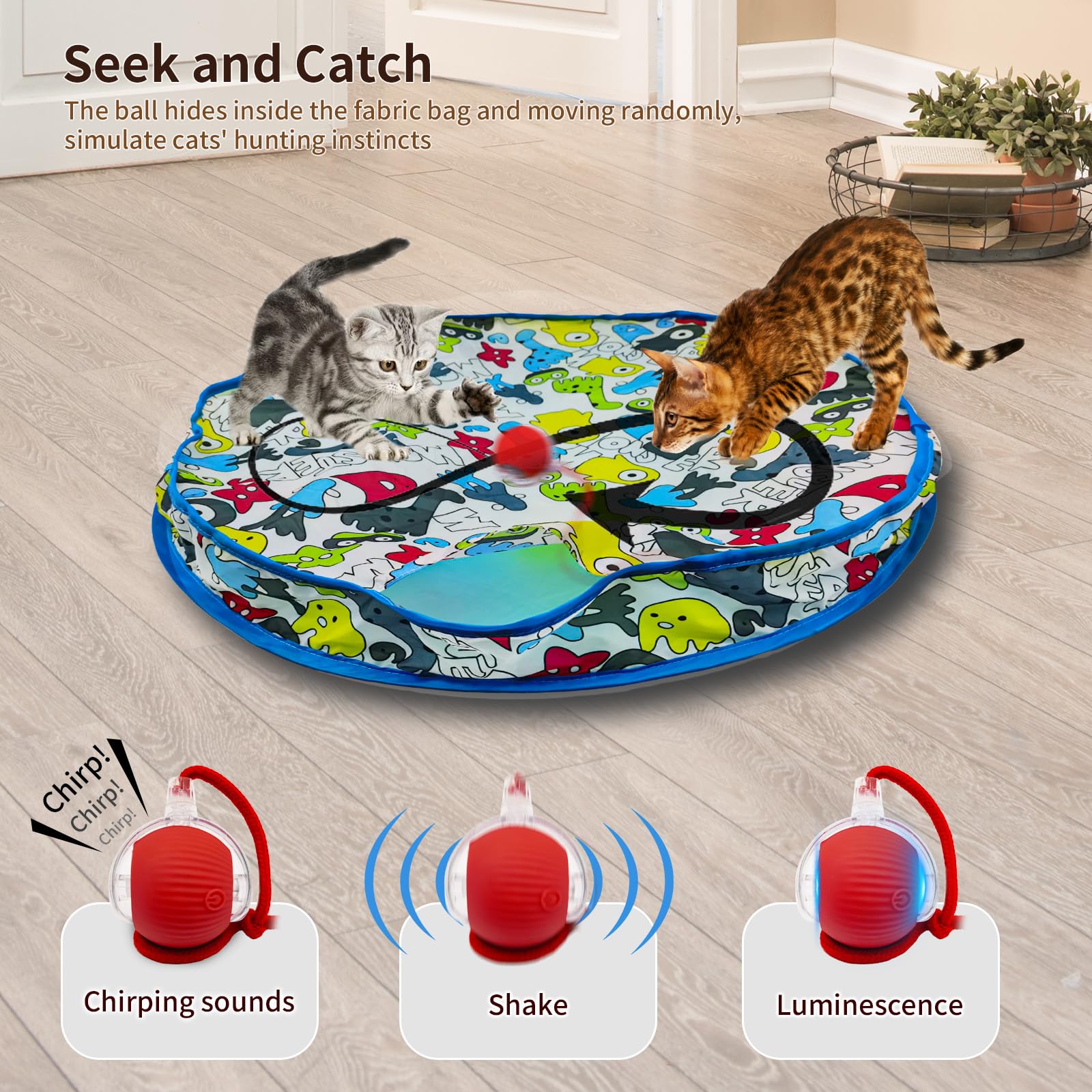 Crazydeer Interactive Cat Toy - Rechargeable Hide and Seek Play Mat with Self Rolling Ball, Blue, Model UNTG3-I001B
