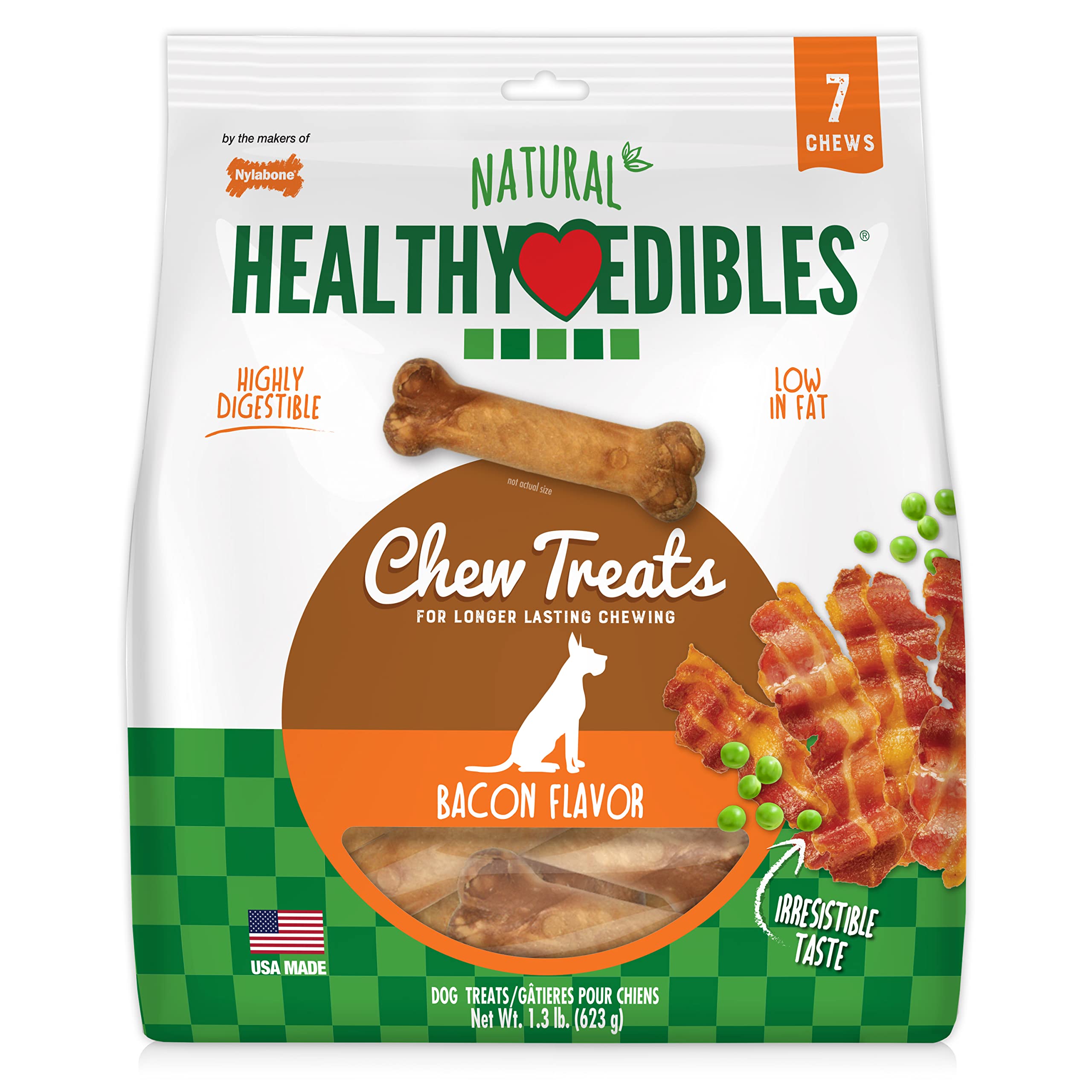 Nylabone Healthy Edibles Natural Dog Chews Long Lasting Bacon Flavor Treats for Dogs, Medium/Wolf (7 Count)