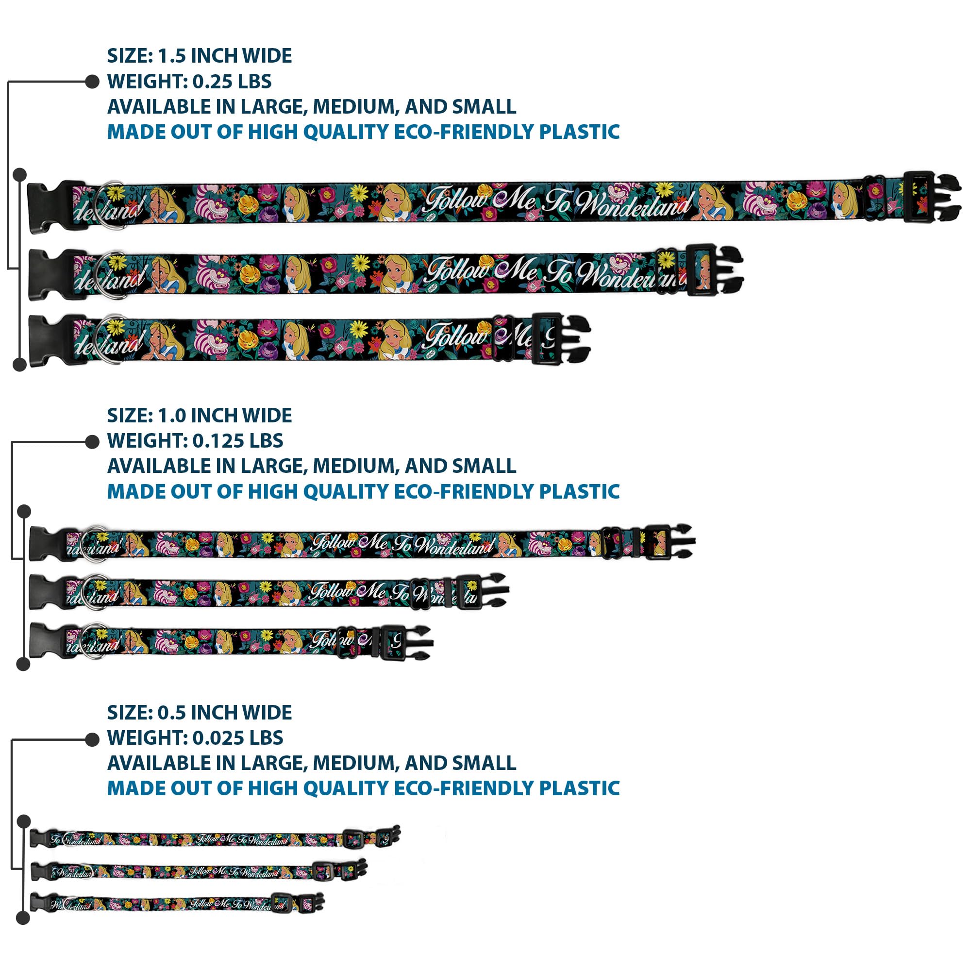 Buckle-Down Alice/Cheshire Cat/Flowers Poses2/Follow Me To Wonderland Plastic Clip Collar, Small/9-15''