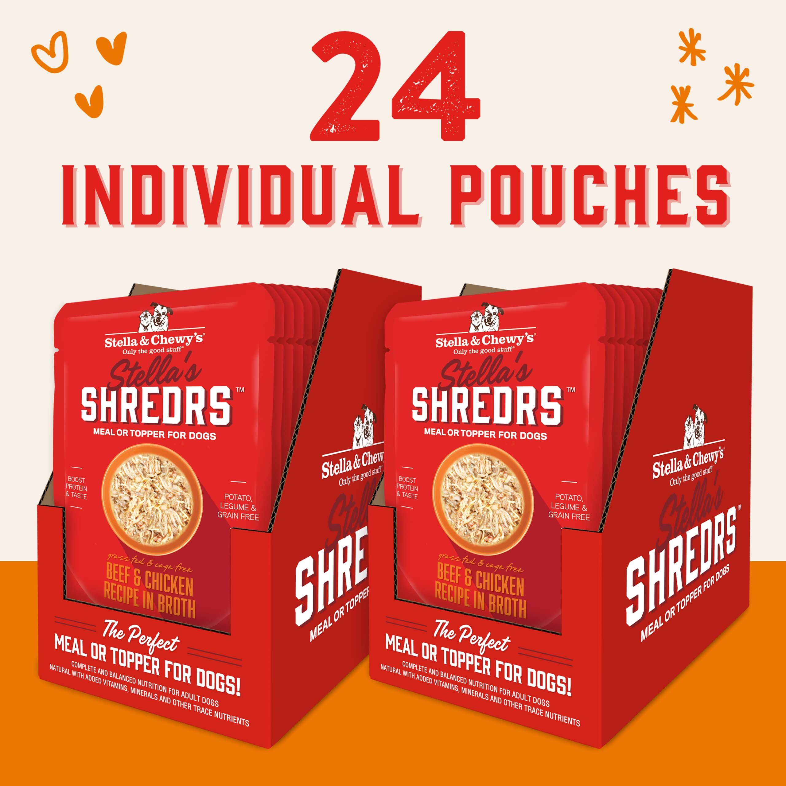 Stella & Chewys Stellas Shredrs Grass Fed & Cage Free Beef & Chicken Recipe in Broth, 2.8 oz. Pouches (Pack of 24)