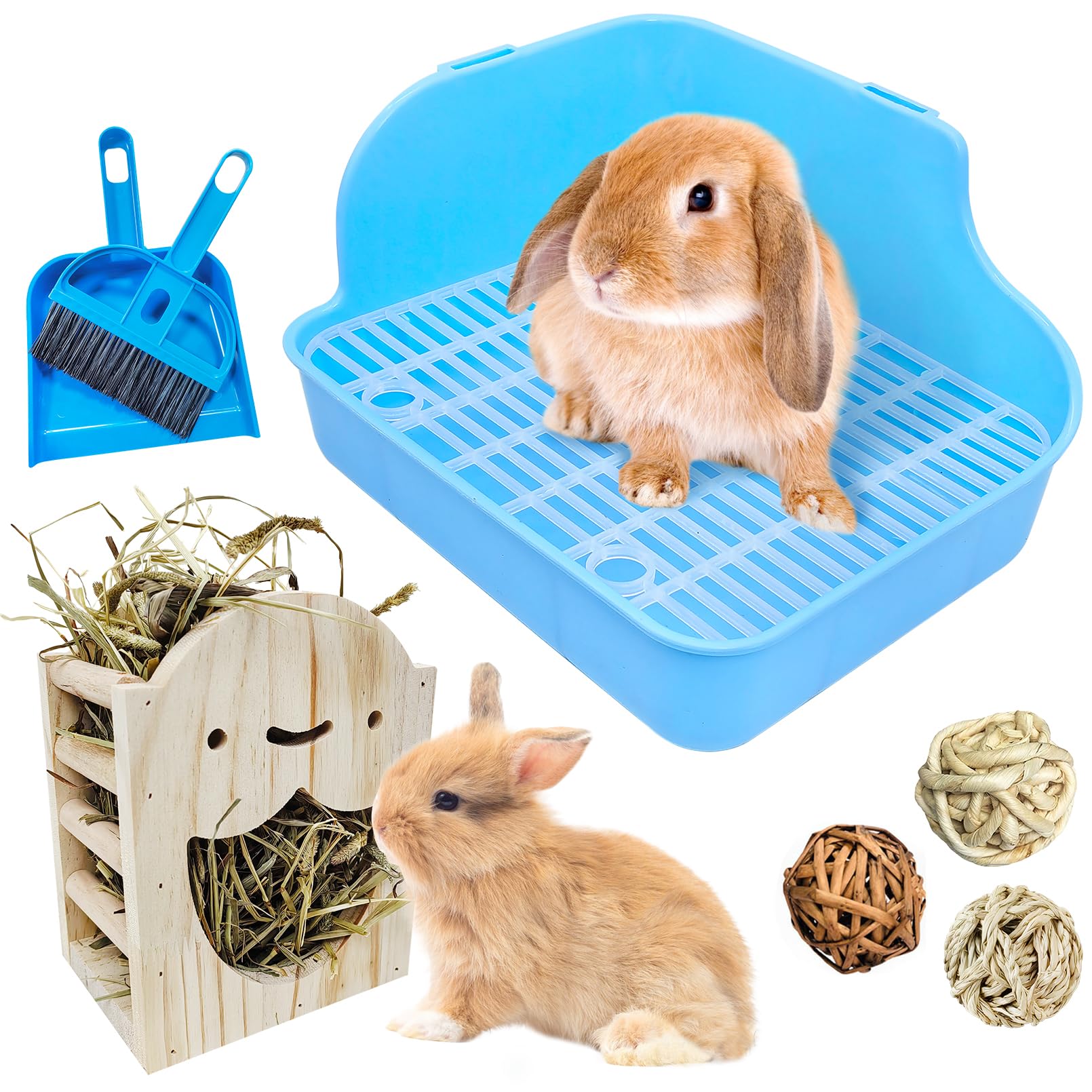 PINVNBY Rabbit Litter Box for Cage Wooden Guinea Pig Hay Rack Feeder Potty Trainer Corner Bunny Litter Box Pet Toilet with Clean