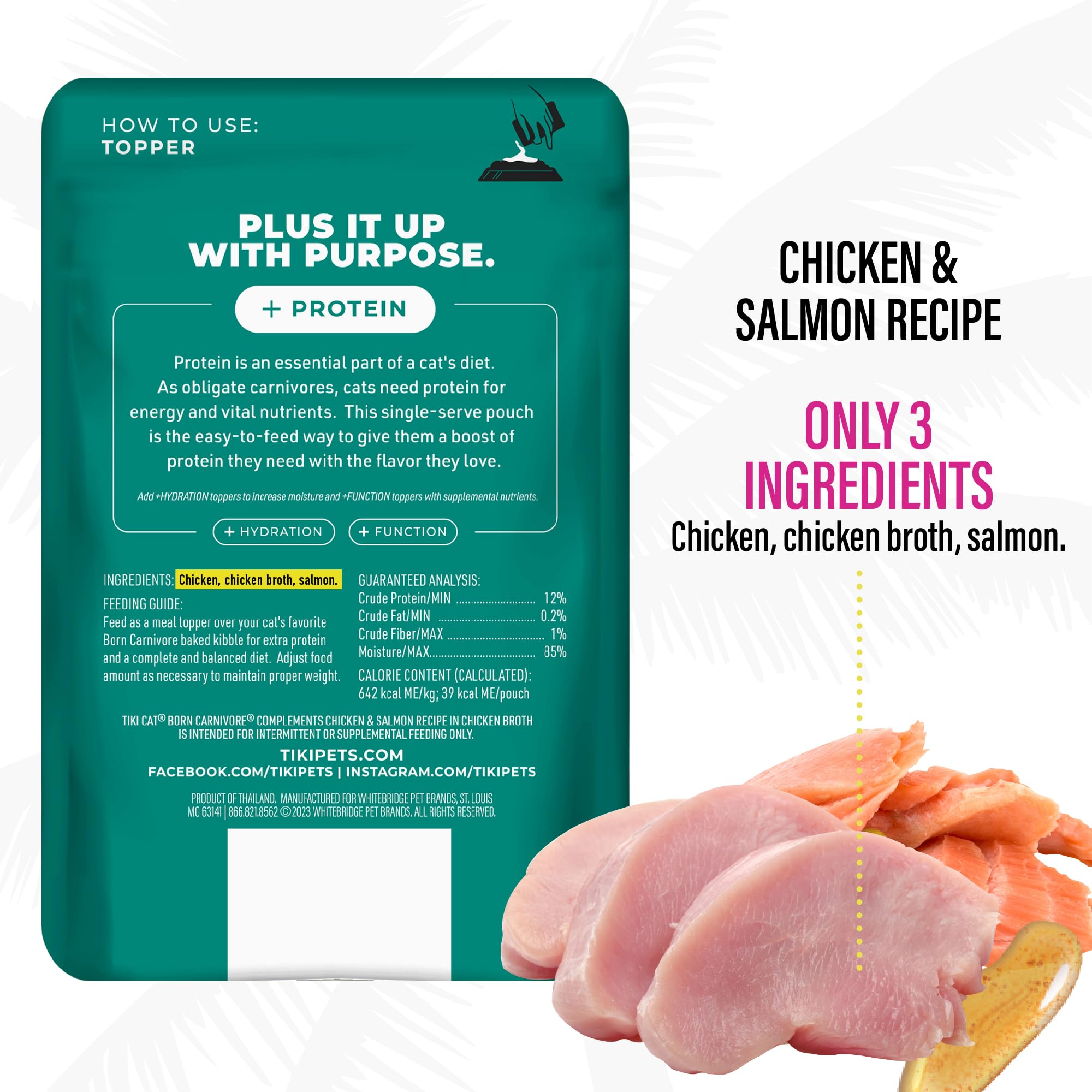 Tiki Cat Born Carnivore Complements Wet Cat Food Topper, Chicken & Salmon 2.1 oz. Pouch (12 Count)