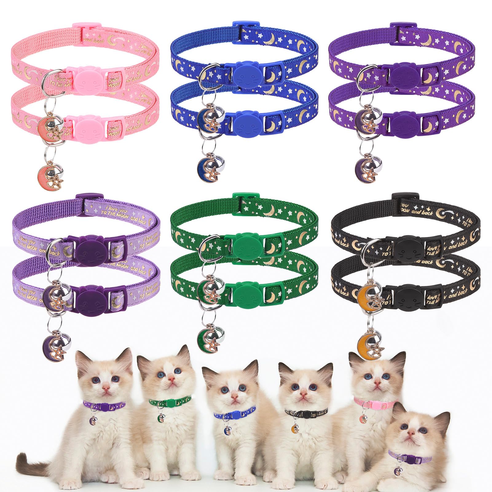 Scenereal Cat Collar With Bells, 12 Pcs Breakaway Cat Collars, Reflective Kitten Collar With Moons And Stars, Adjustable Pet Col