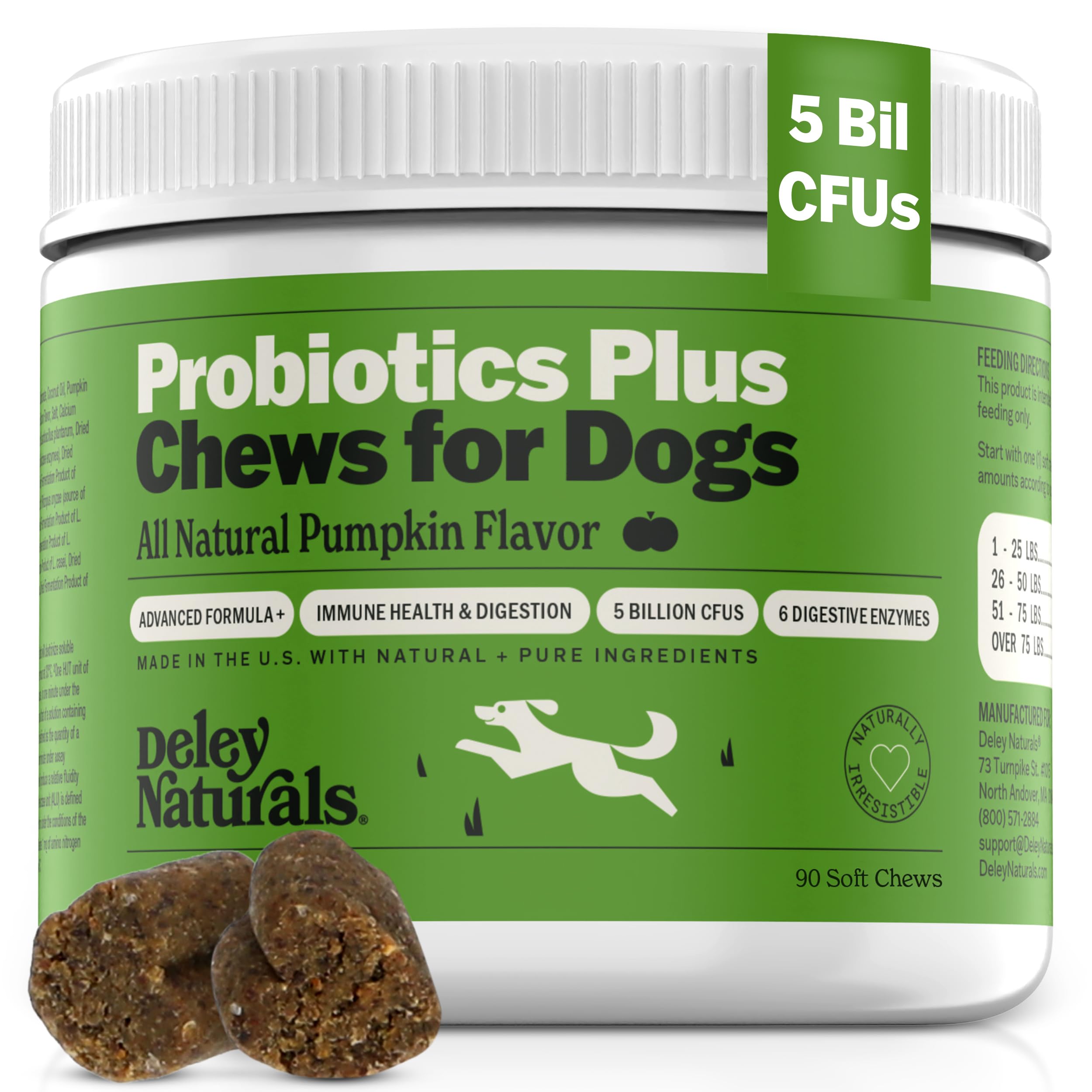 Deley Naturals Probiotics Plus Chews for Dogs, Gut Health Supplement, 5 Billion CFUs, Digestive Enzymes, Prebiotics, Dog Allerg