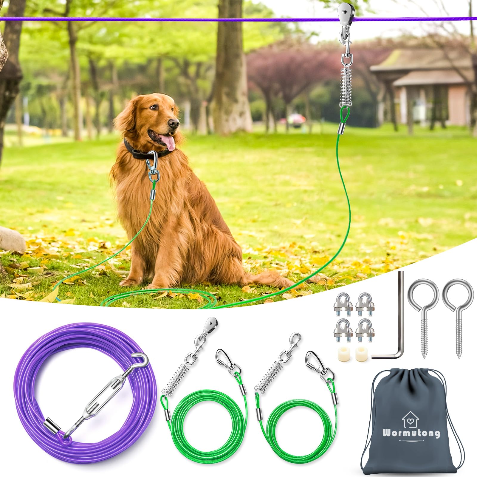 Upgraded Heavy Duty Dog Trolley System - 50Ft Lead With 10Ft & 15Ft Tie Out Cables For Large Dogs Up To 250Lbs - Ideal For Backy