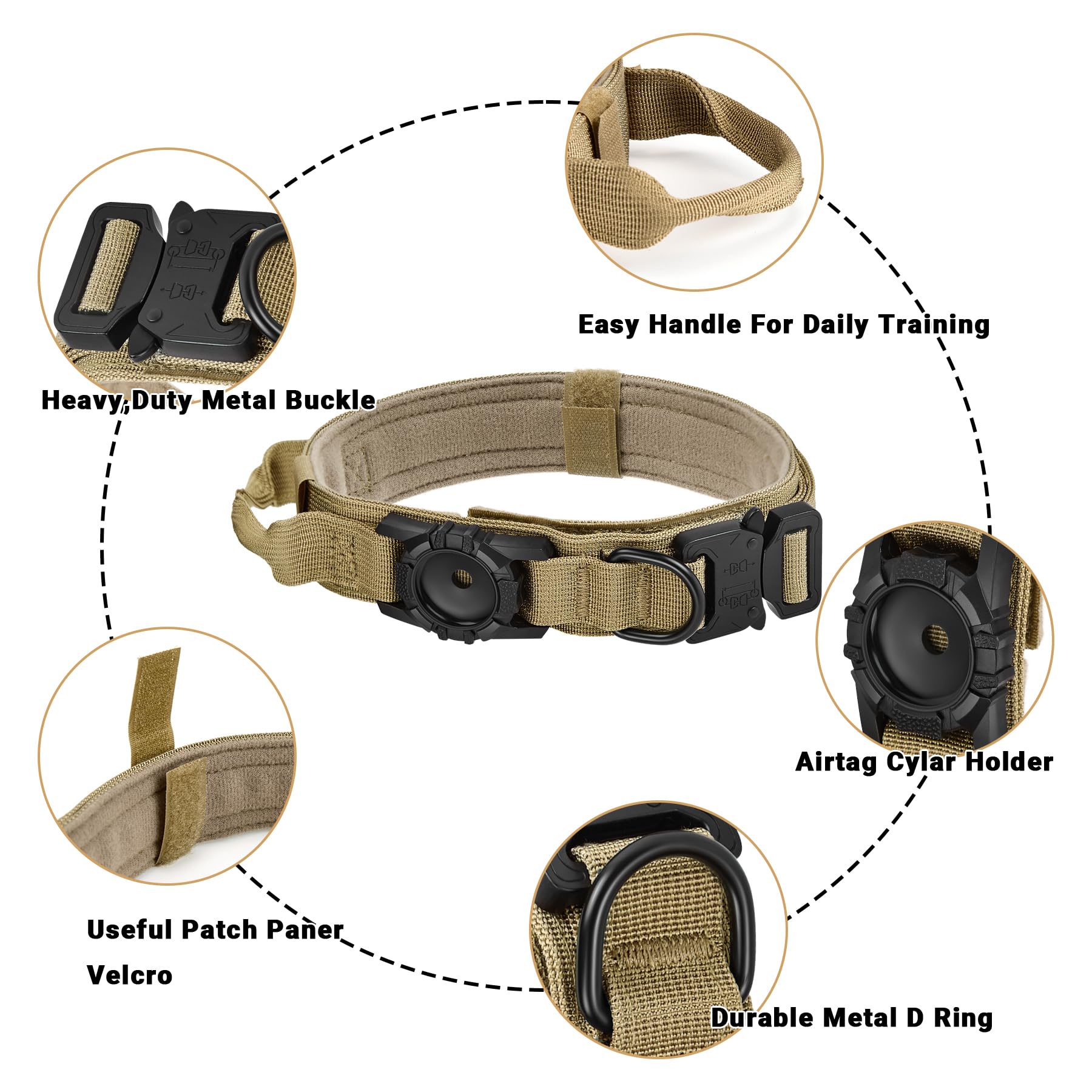 Tactical Airtag Dog Collar - Heavy Duty, Adjustable Gps Collar Compatible With Apple Airtag, With Holder & Control Handle For Me
