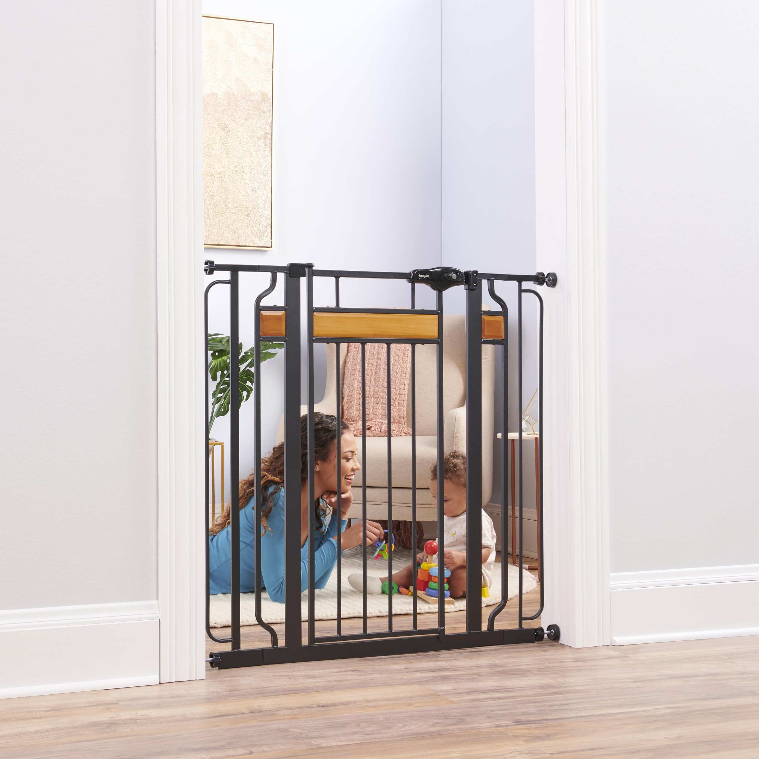 Regalo Home Accents Extra Tall & Wide Baby Gate, Bonus Kit, Includes Décor Steel With Hardwood, 4' Extension Kit, 4 Pack Pressure Mount Kit & Wall Cups, 0320 Ds