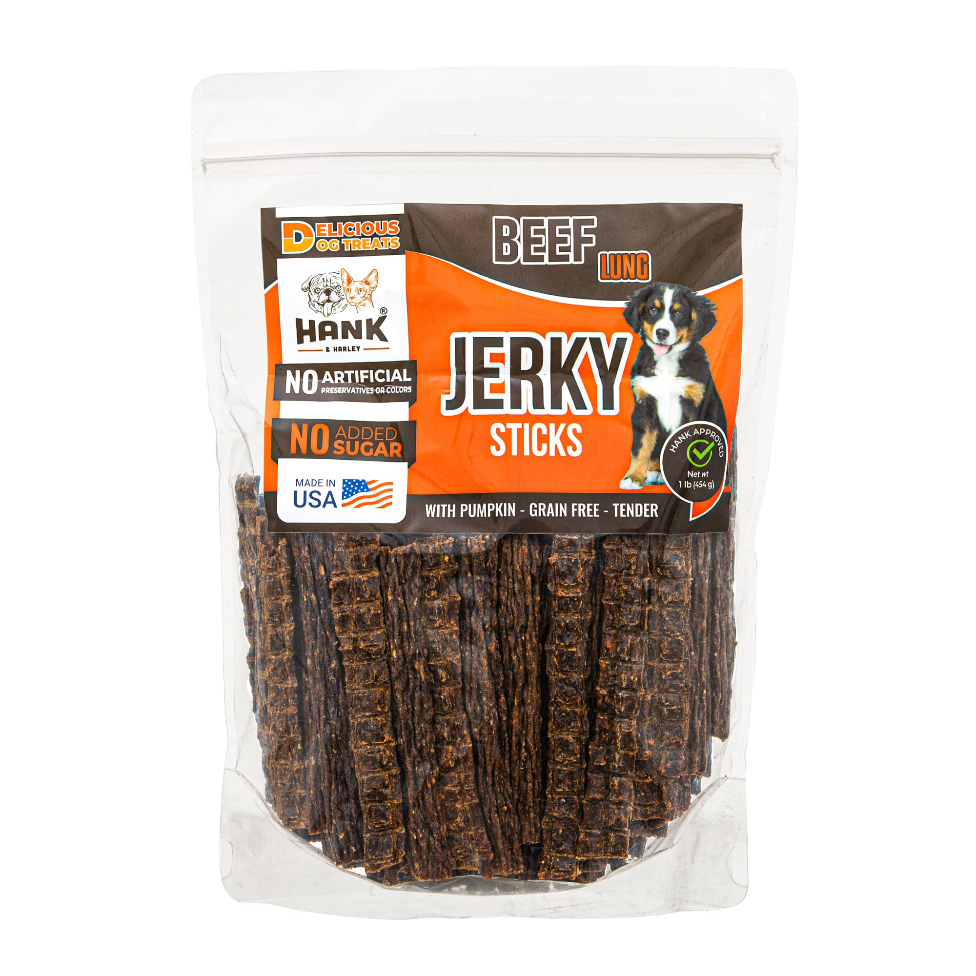 Hank & Harley Jerky Sticks Beef Lung 1 lb - USA Lean Protein Soft Dog Treats with Pumpkin. 100% Natural, NO Added Sugar, Flour o