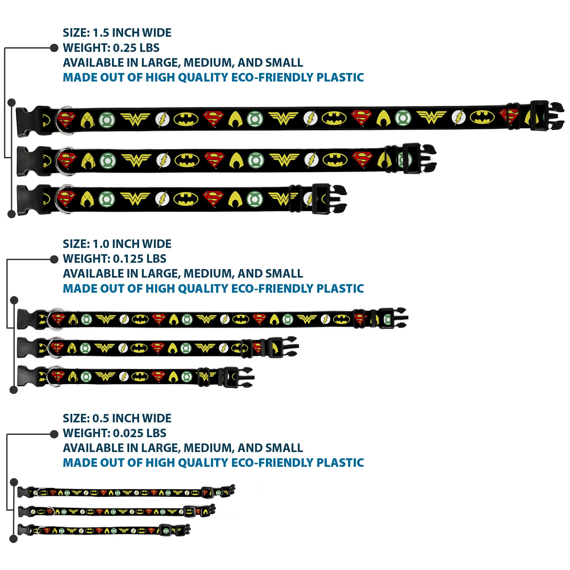 Dog Collar Plastic Clip Justice League 6 Superhero Logos Black 13 to 18 Inches 1.5 Inch Wide