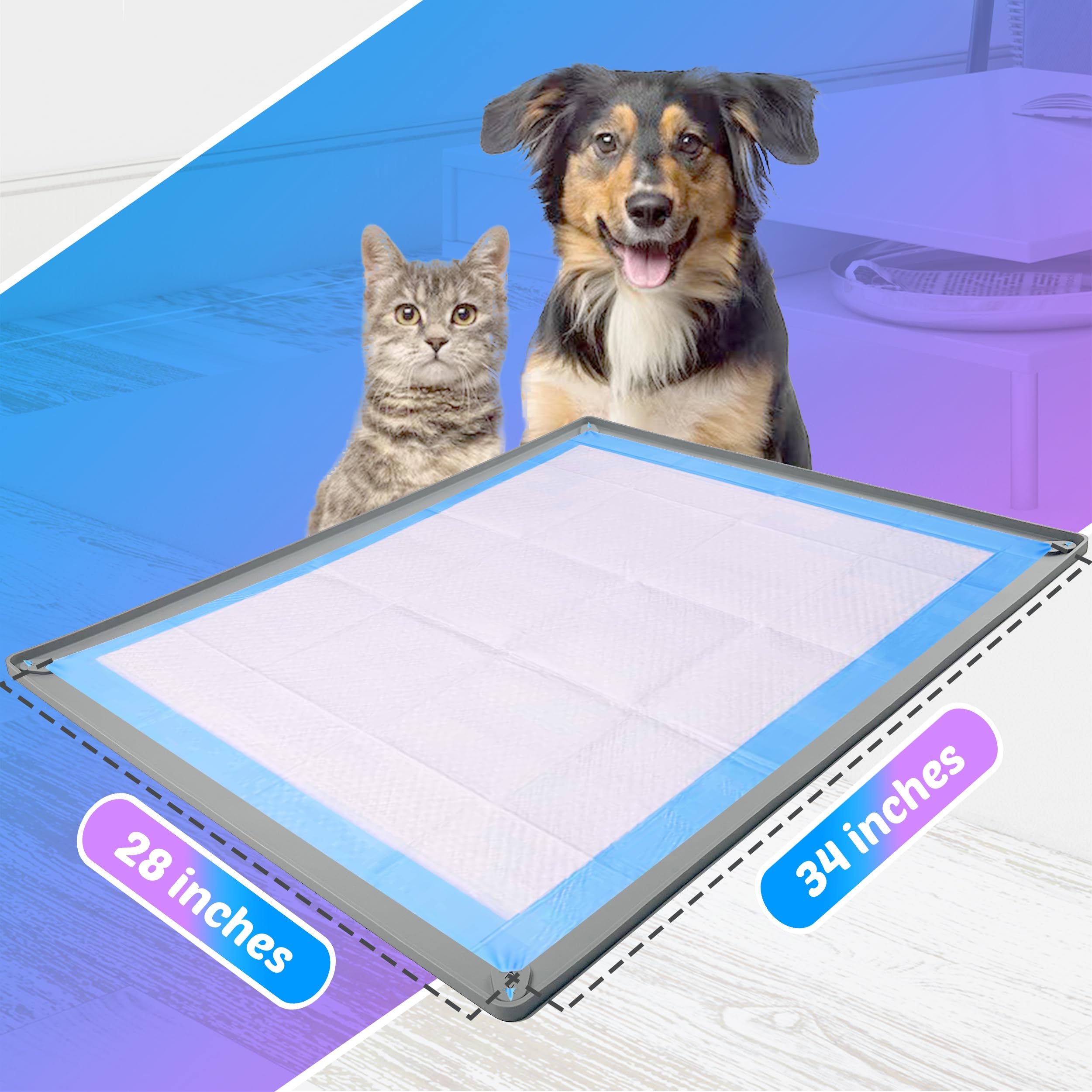 Skywin Dog Pee Pad Holder Tray - Non-Spill, Easy to Clean, 34 x 28 Inches, Light Grey, Fits 28” x 34” Pee Pads with Corner Lock Holes