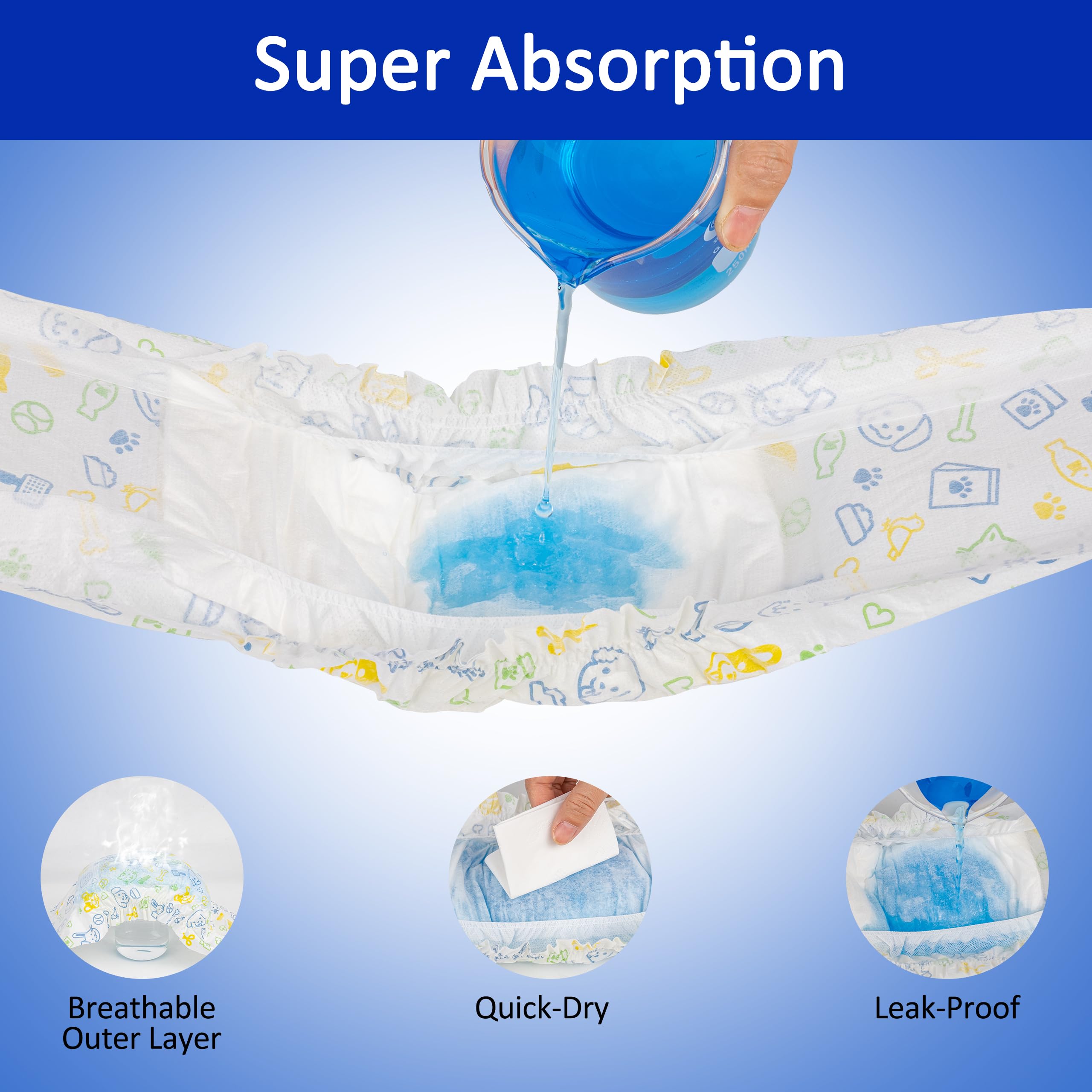 Dono Disposable Male Dog Diapers, Super Absorbent Wraps, M(18-25in), Blue Bone, Model DMD-2, 48 Pack, 360° Leak-Proof