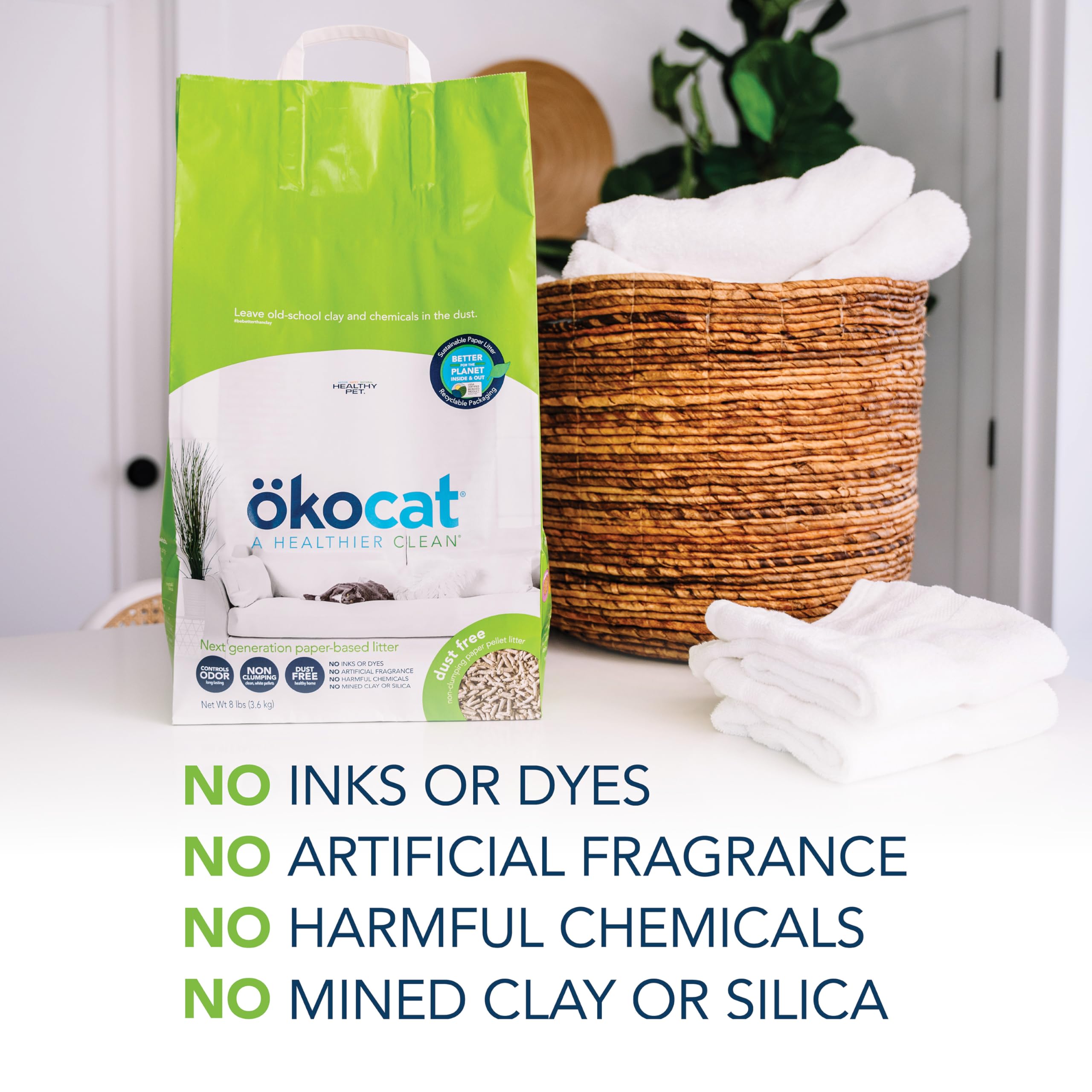ÖKOCAT Dust Free Cat Litter, Unscented Paper Pellets, 8 lbs - White, Natural Ingredients, Odor Control, Ideal for Allergies