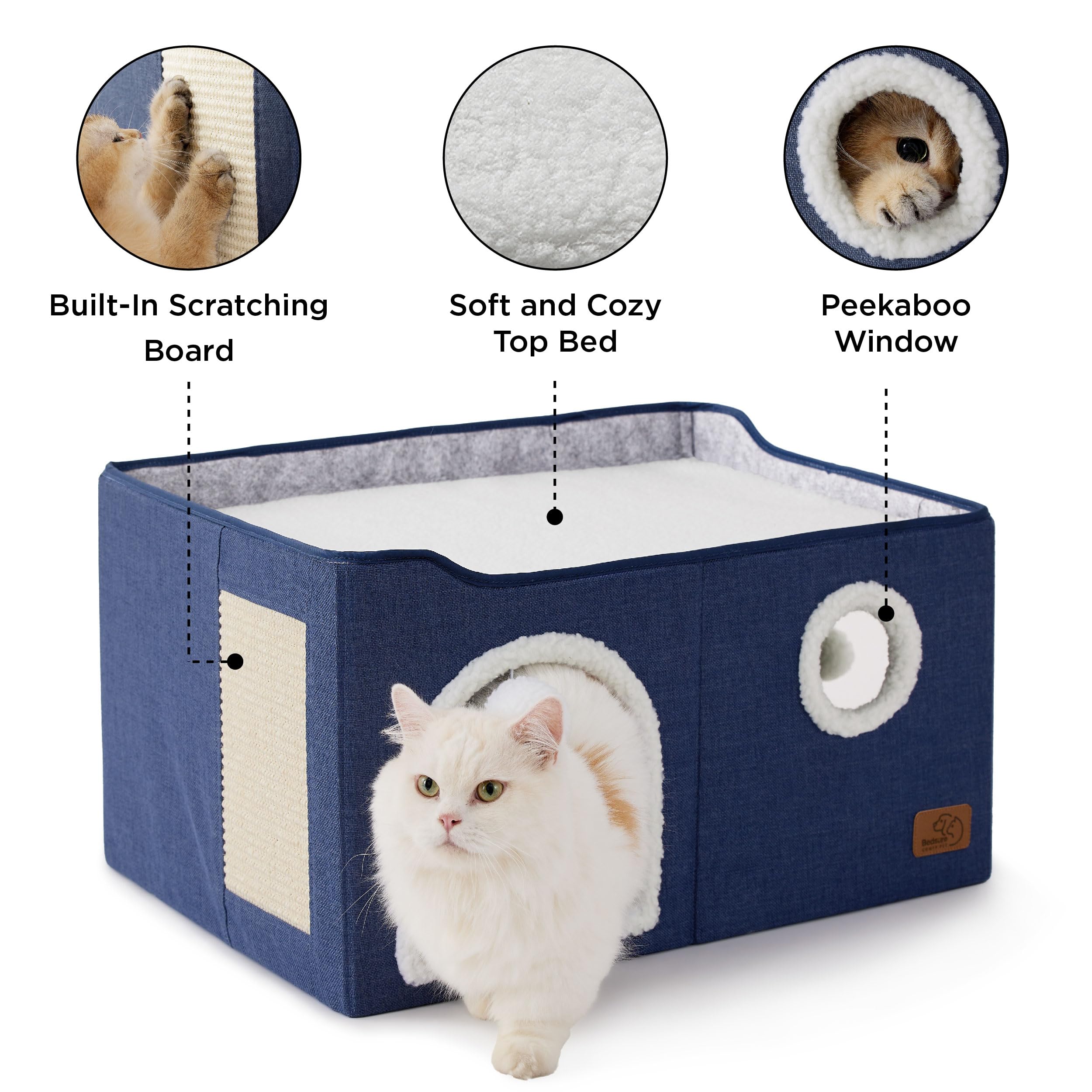 Bedsure Extra-Wide Cat House For Indoor Cats - Large Cat Cave For Pet Cat House With Fluffy Ball Hanging And Scratch Pad, Foldable Cat Hideaway For Multi Cats, 23.6X16.9X13 Inches, Blue