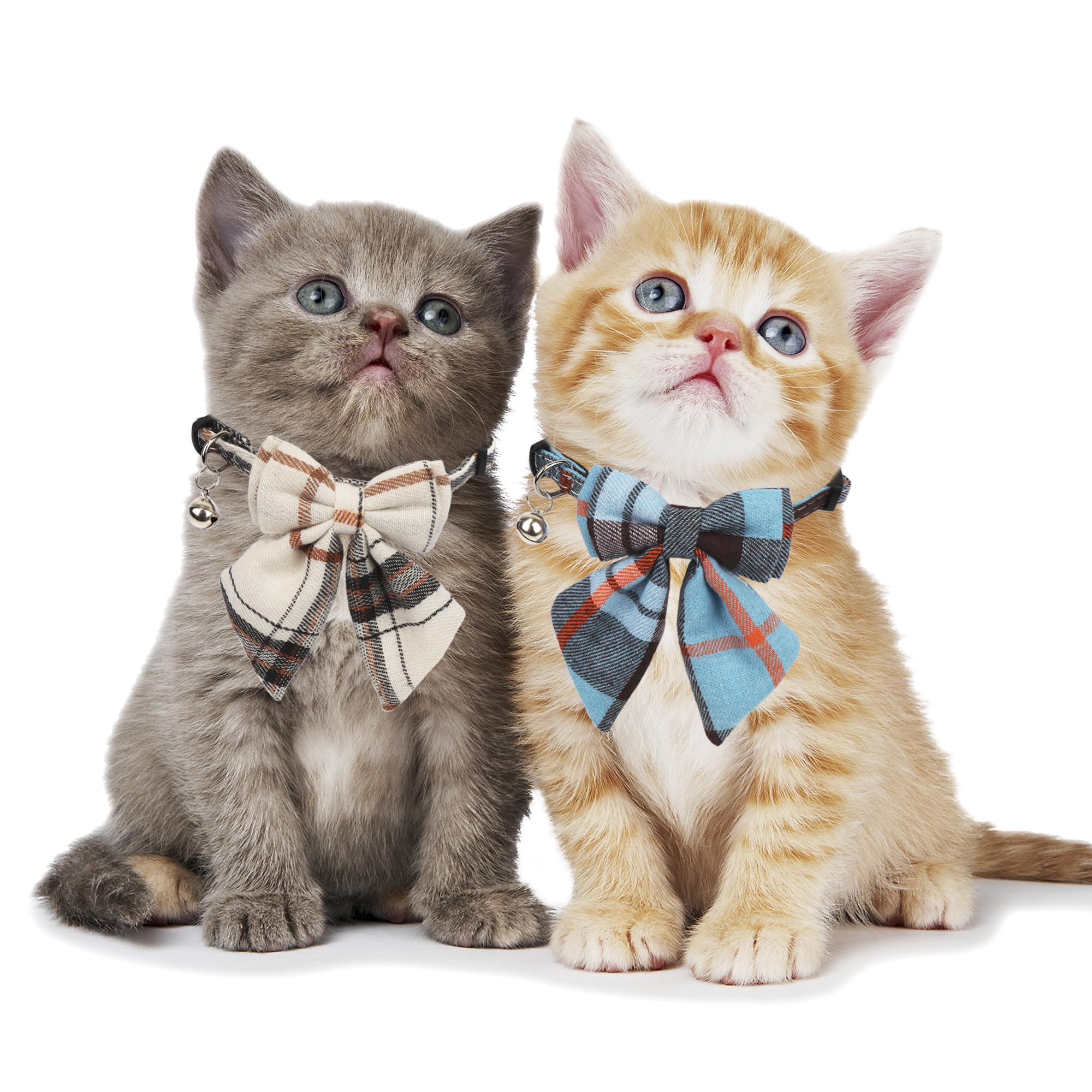 Adoggygo Plaid Cat Collars With Removable Bow Tie Bell, 2 Pack Beige Blue Plaid Kitten Bow Collar For Cats Kittens
