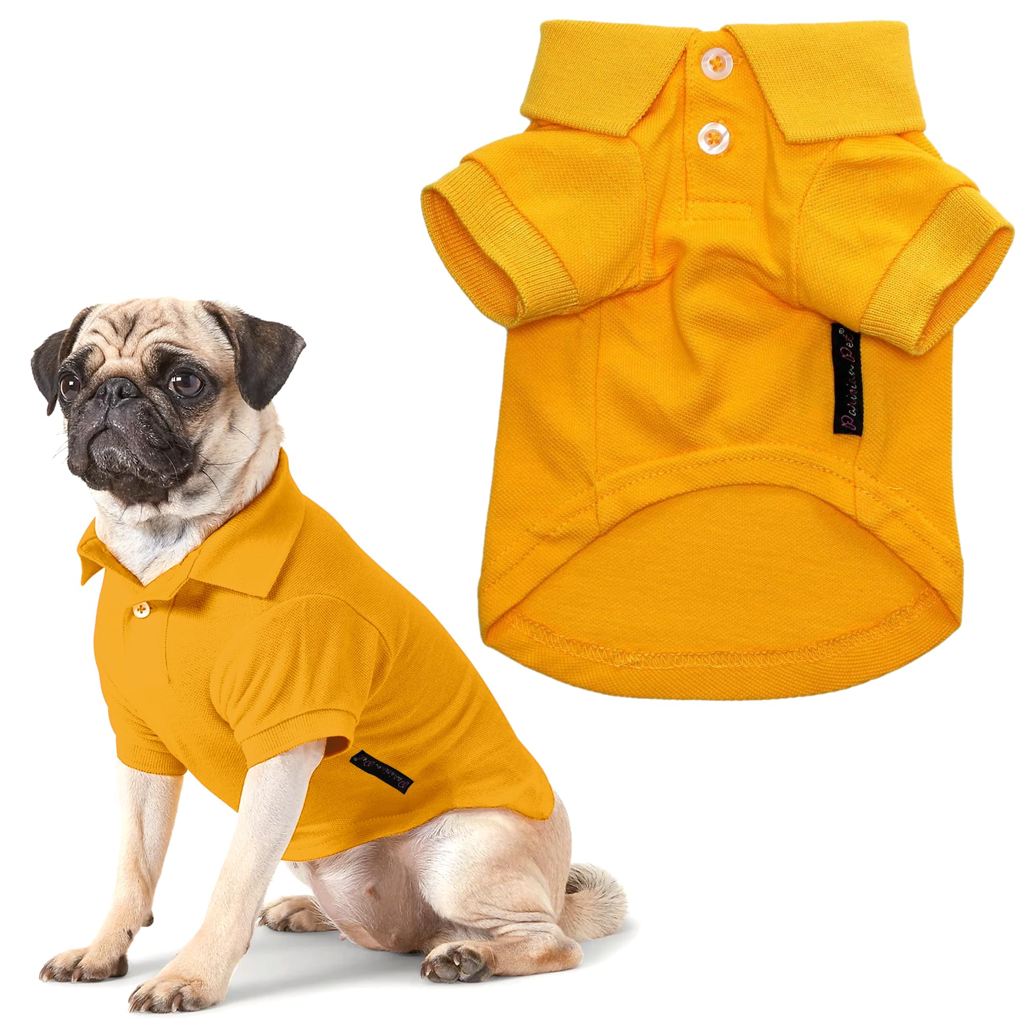Parisian Pet Dog Polo Shirts - Breathable Dog Cotton Shirt - Solid Yellow Color, Summer Pullover Dog Clothes - Button Up Collar 