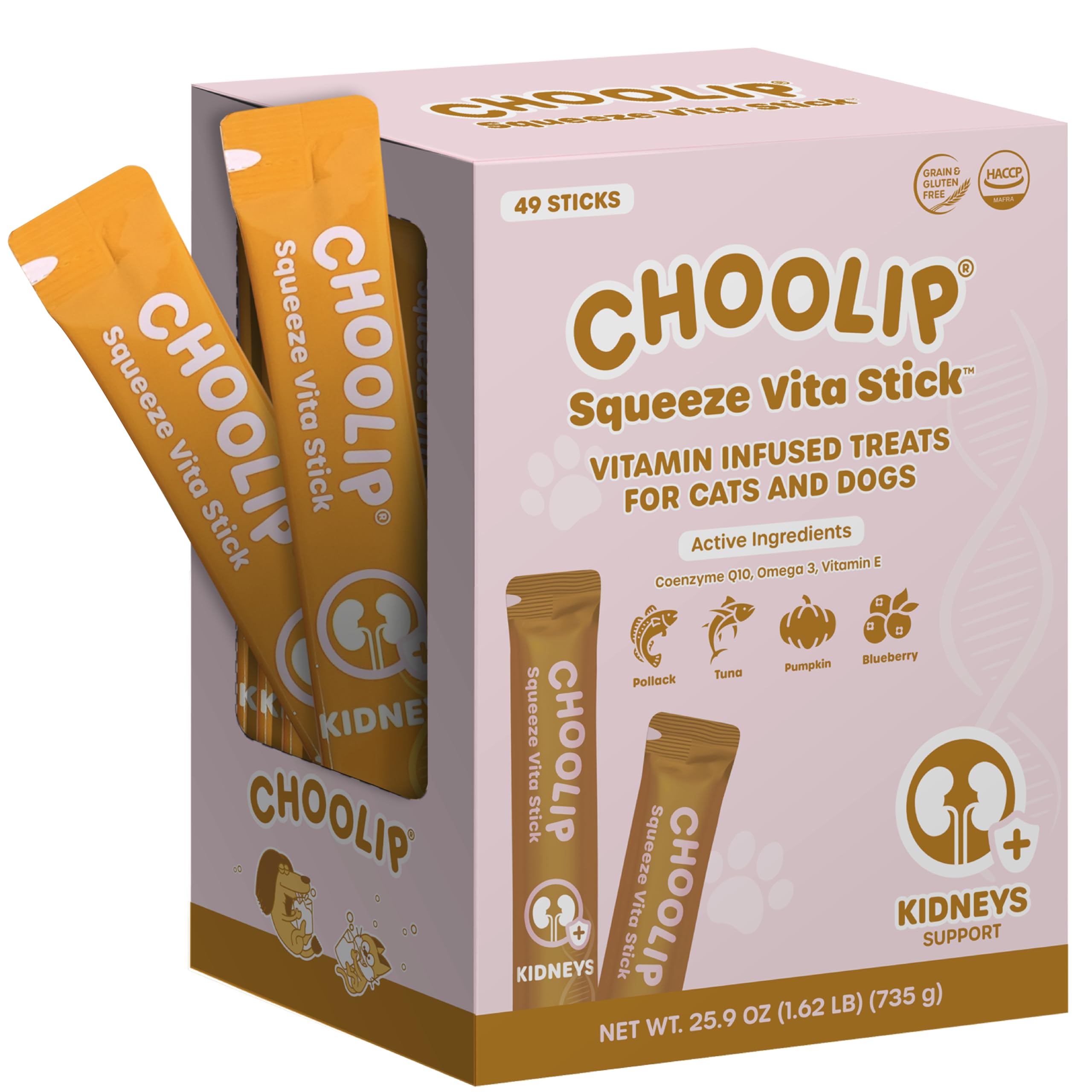 Choolip Grab & Go Squeeze Vita Stick Lickable Treats for Dogs & Cats. 49 Kidney Support Sticks with Essential multivitamins. Sof