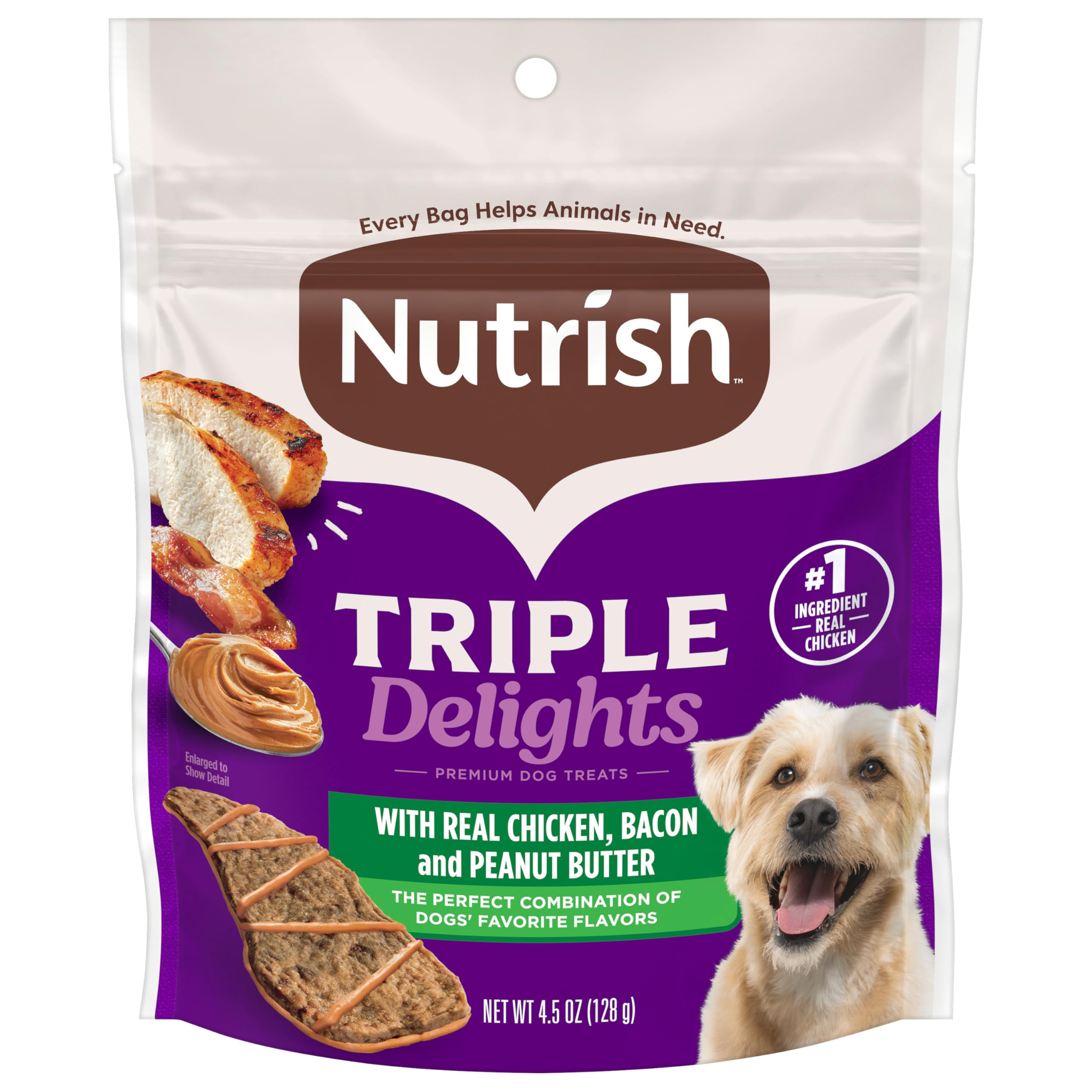 Nutrish Triple Delights Premium Dog Treats with Real Chicken, Bacon, and Peanut Butter, 4.5 oz. Pouch, Pack of 5