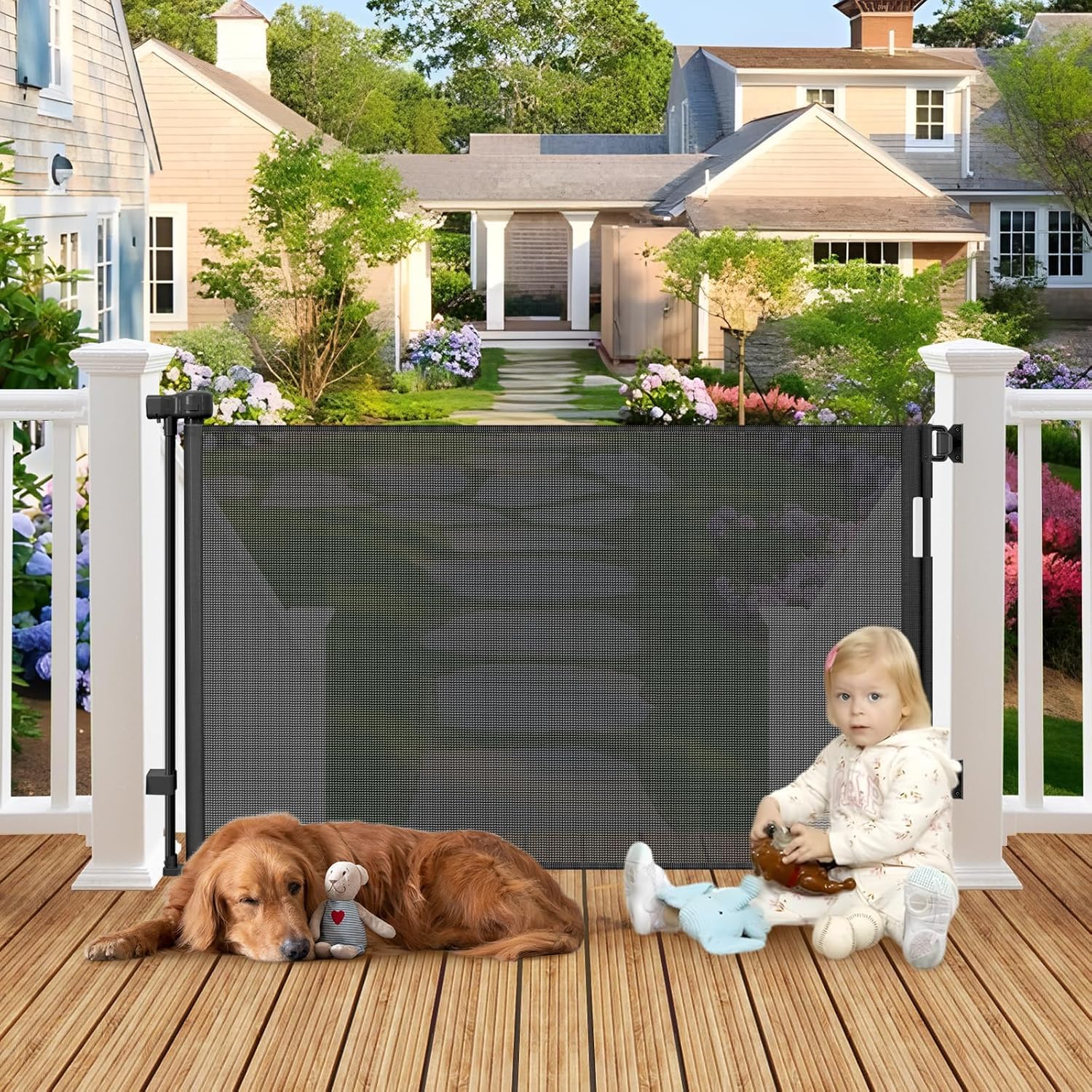 100 Wide Weatherproof Outdoor Retractable Baby Gates for Decks with No Rust Screws and Rods, Waterproof 8 Ft Extra Wide Baby Gat