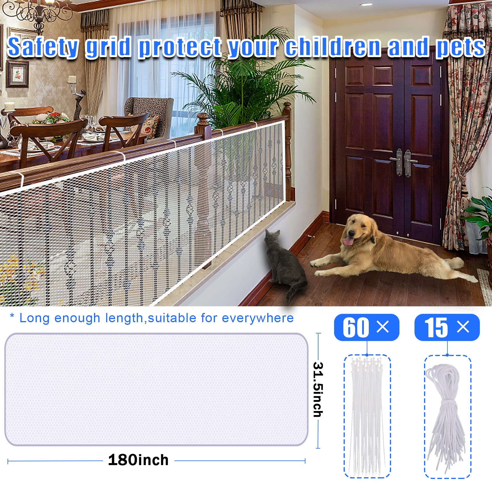 Jiftok Baby Gate For Stairs, Banister Guard For Kids, Pets, Toys, 15Ft L X 2.66 Ft H, Mesh Netting Safety Net For Balcony Rail Stair, Stairway Net Baby Safety Products For Indoor & Outdoor (White)