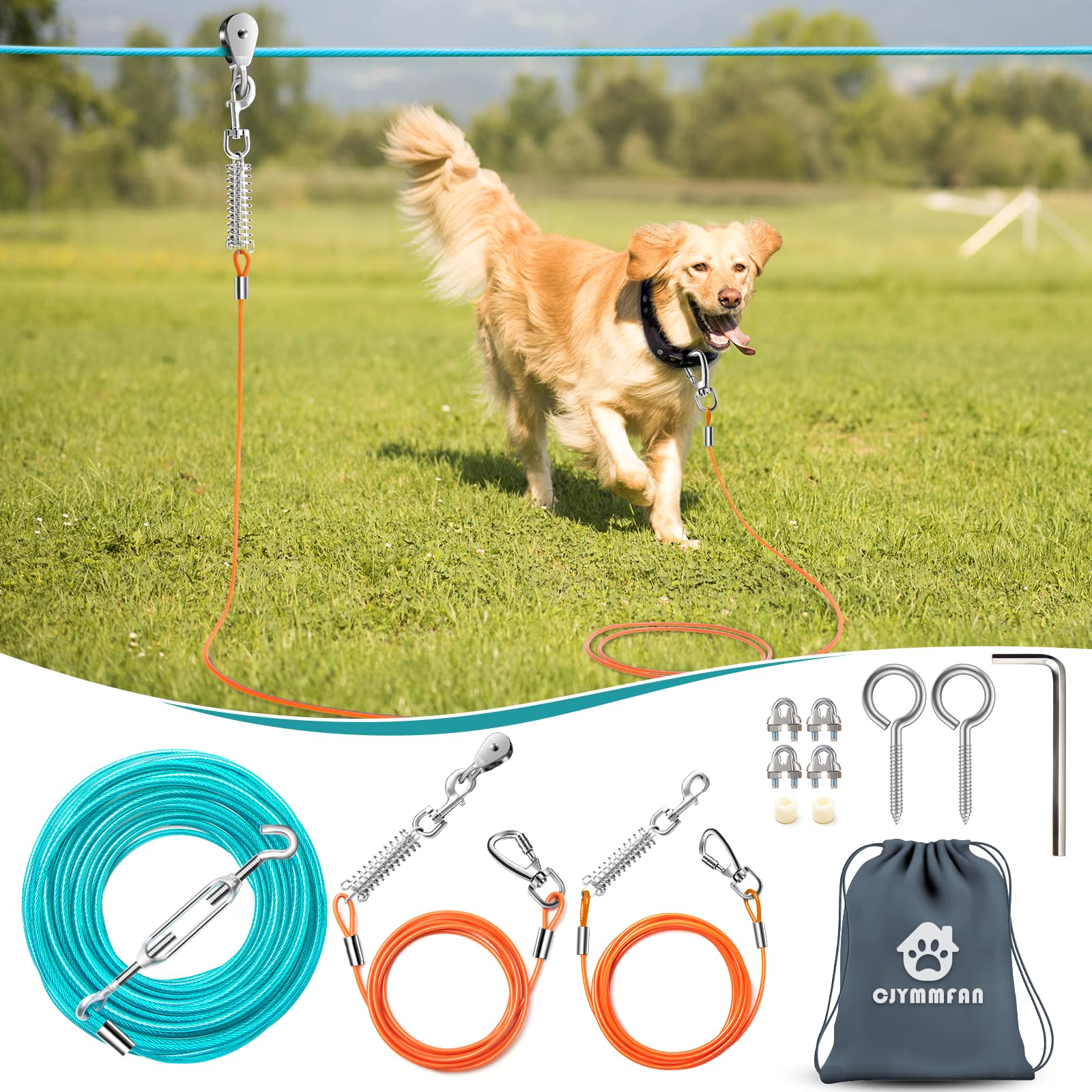 Professional Dog Runner Trolley System,Heavy Duty & Adjustable 75Ft Dog Zip Line With 10Ft & 15Ft Tie Out For Large Dogs Up To 2