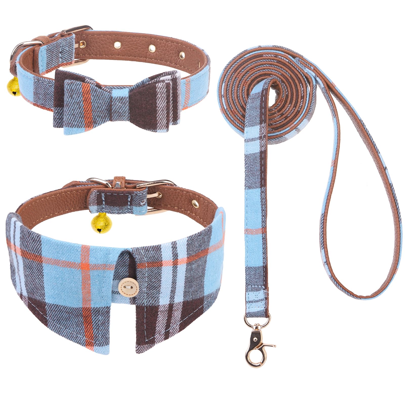 Expawlorer Dog Collar And Leash Set - Classic Plaid Dog Collar With Bow Tie, 360 Swivel No Tangle Dog Leash, Adjustable Dog Coll