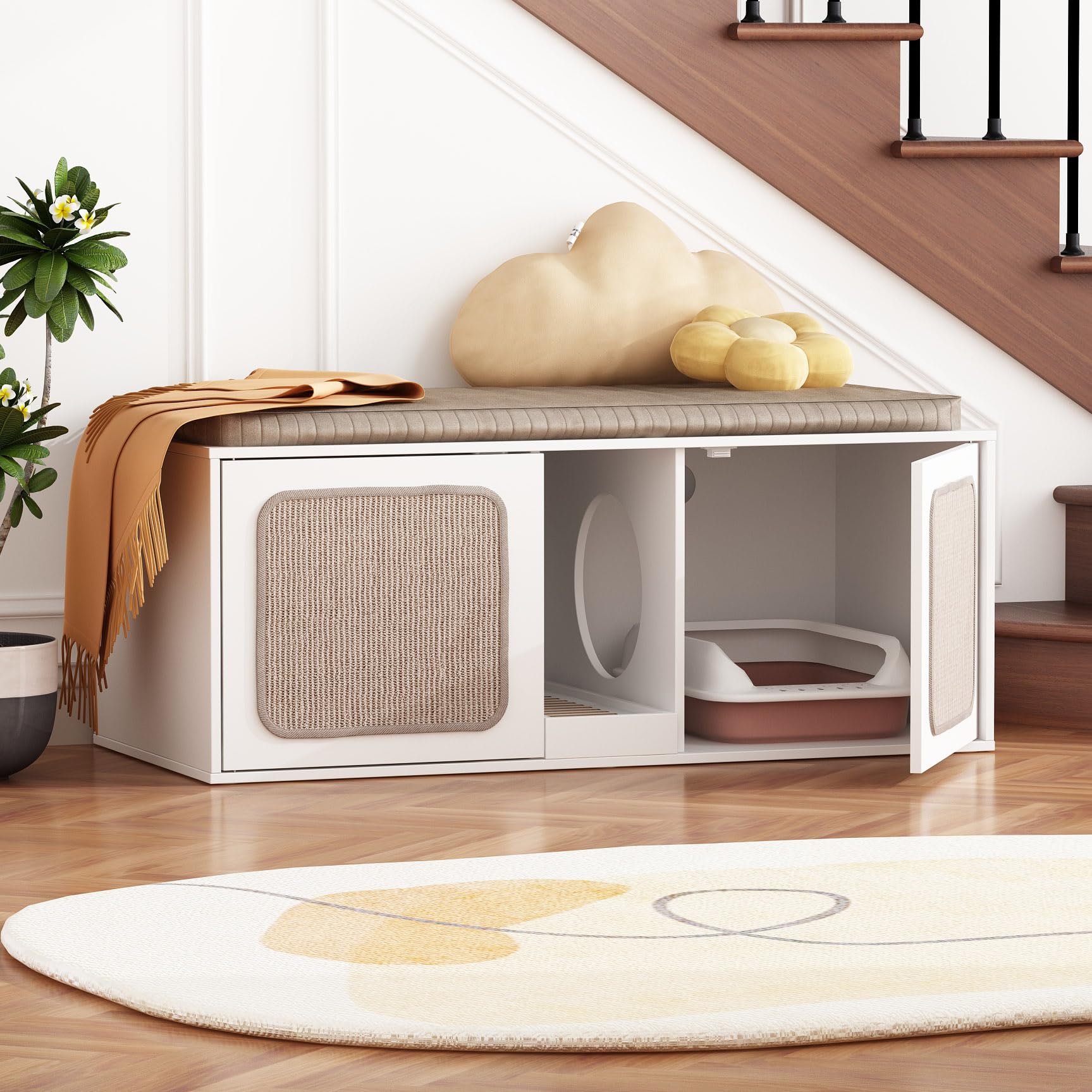 Lovinouse Cat Litter Box Enclosure For 2 Cats, Modern Wood Stackable Large Cat Washroom Storage Cabinet Bench End Table Furnitur