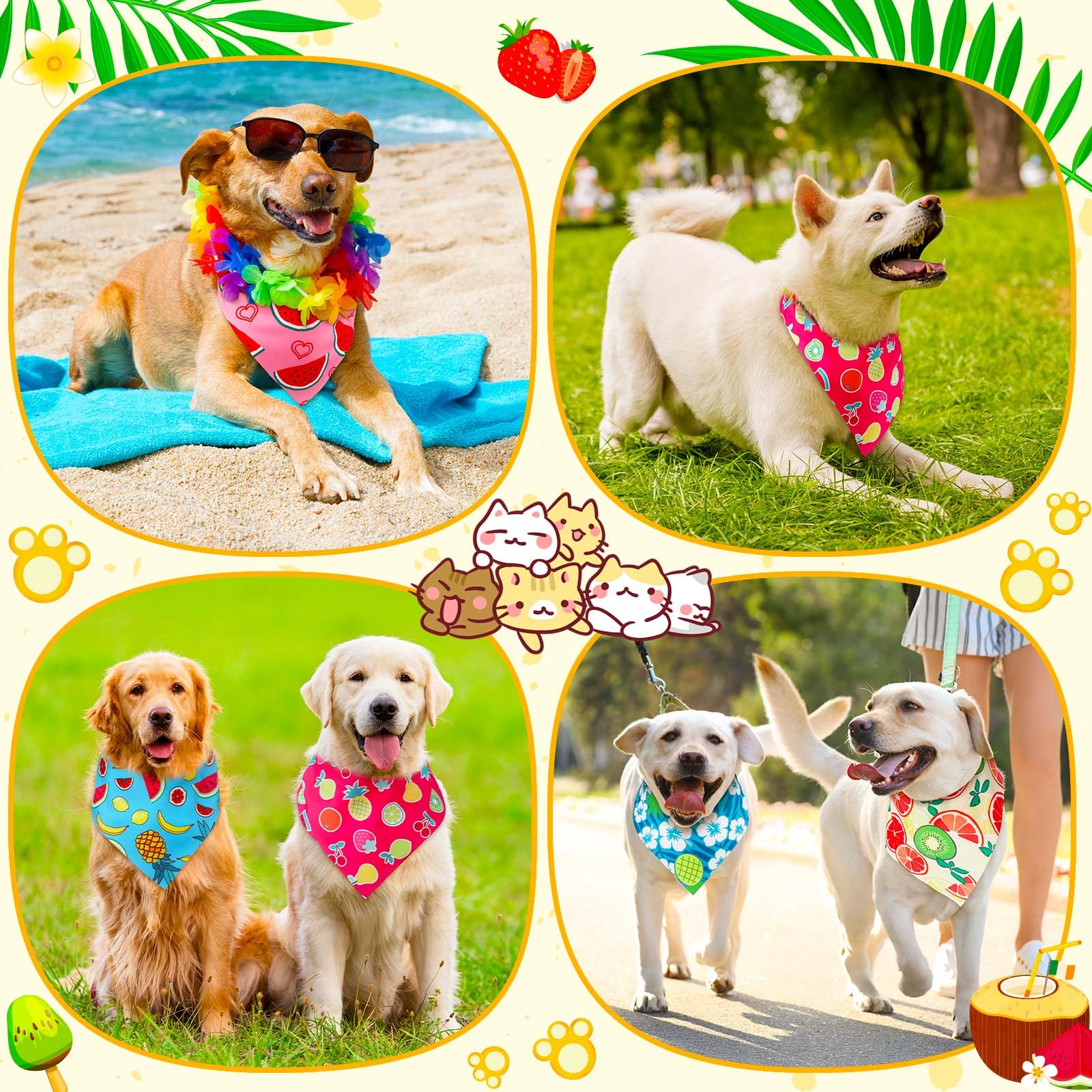 Chicingyou 48 Pcs Dog Bandanas Summer Bulk Hawaiian Fruit Dog Bandanas Puppy Triangle Scarf Bibs Washable Adjustable Pet Kerchie