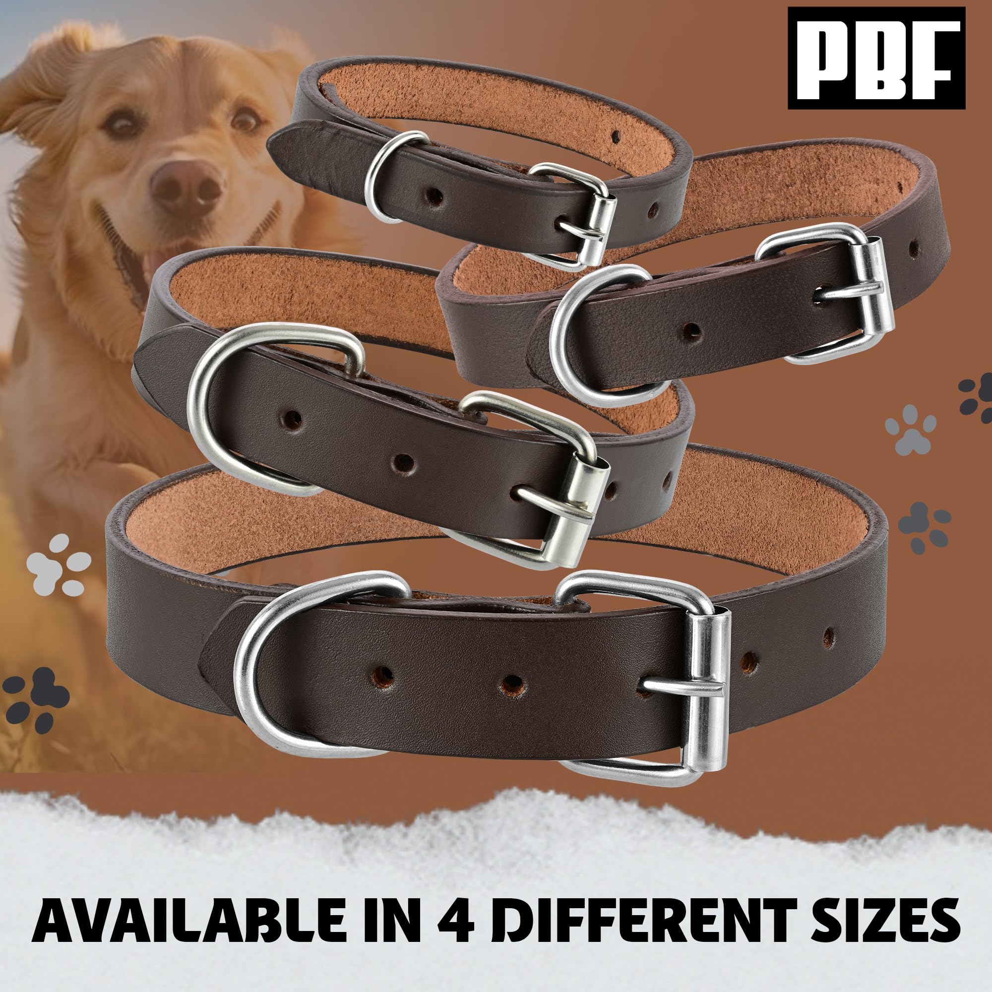 Pbf Genuine Leather Dog Collar - Heavy Duty, Thick And Durable Collar For Small, Medium, Large, And Extra Large Dogs (Brown, Lar