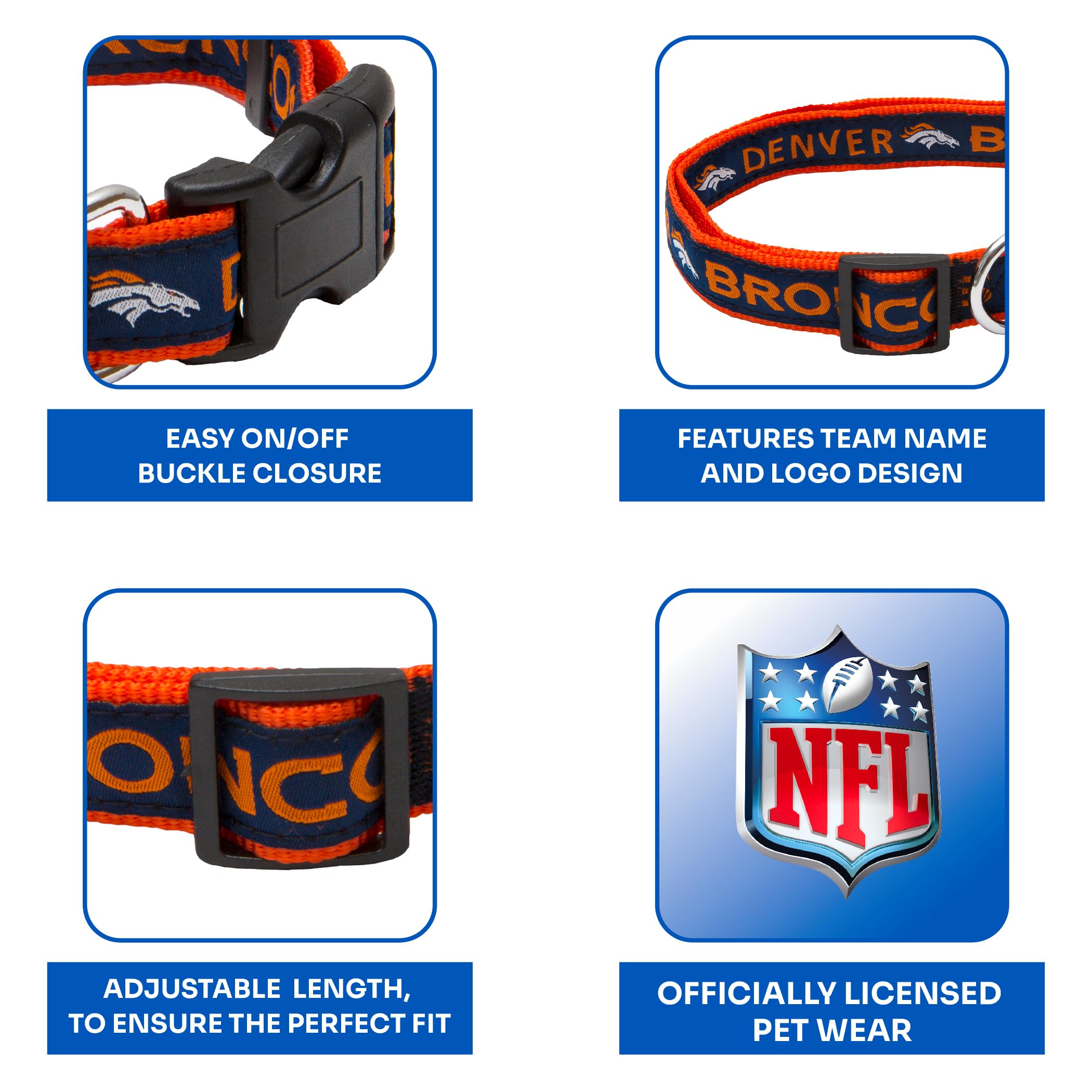 Pets First NFL Denver Broncos Licensed PET COLLAR, Medium - Heavy-Duty, Strong, and Durable Dog Collar. Available in 31 Football