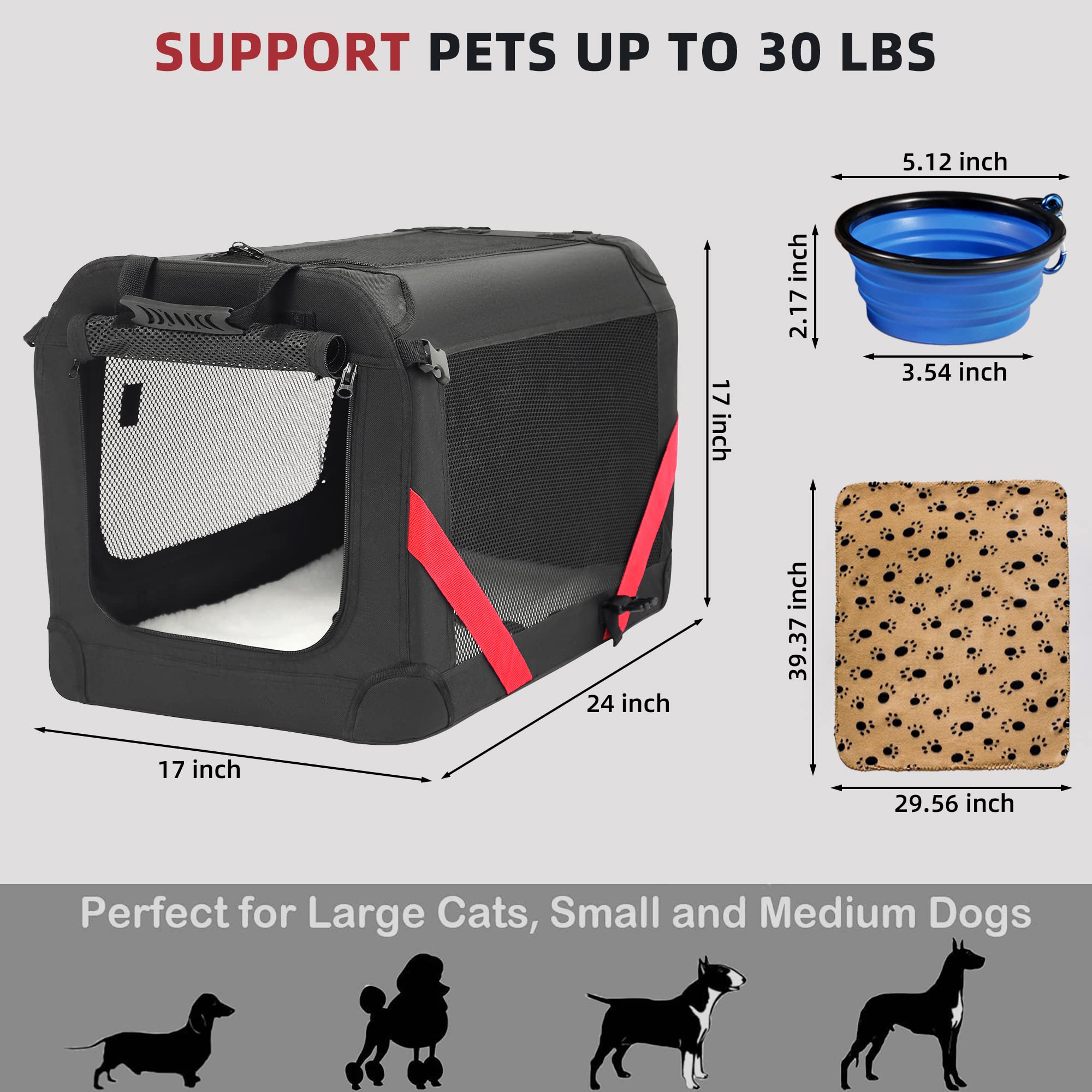 Petprsco Large Cat Carrier for 2 Cats Small Medium Dogs, Soft Pet Carrier 24x17x17 for Traveling with Warm Blanket Foldable Bowl