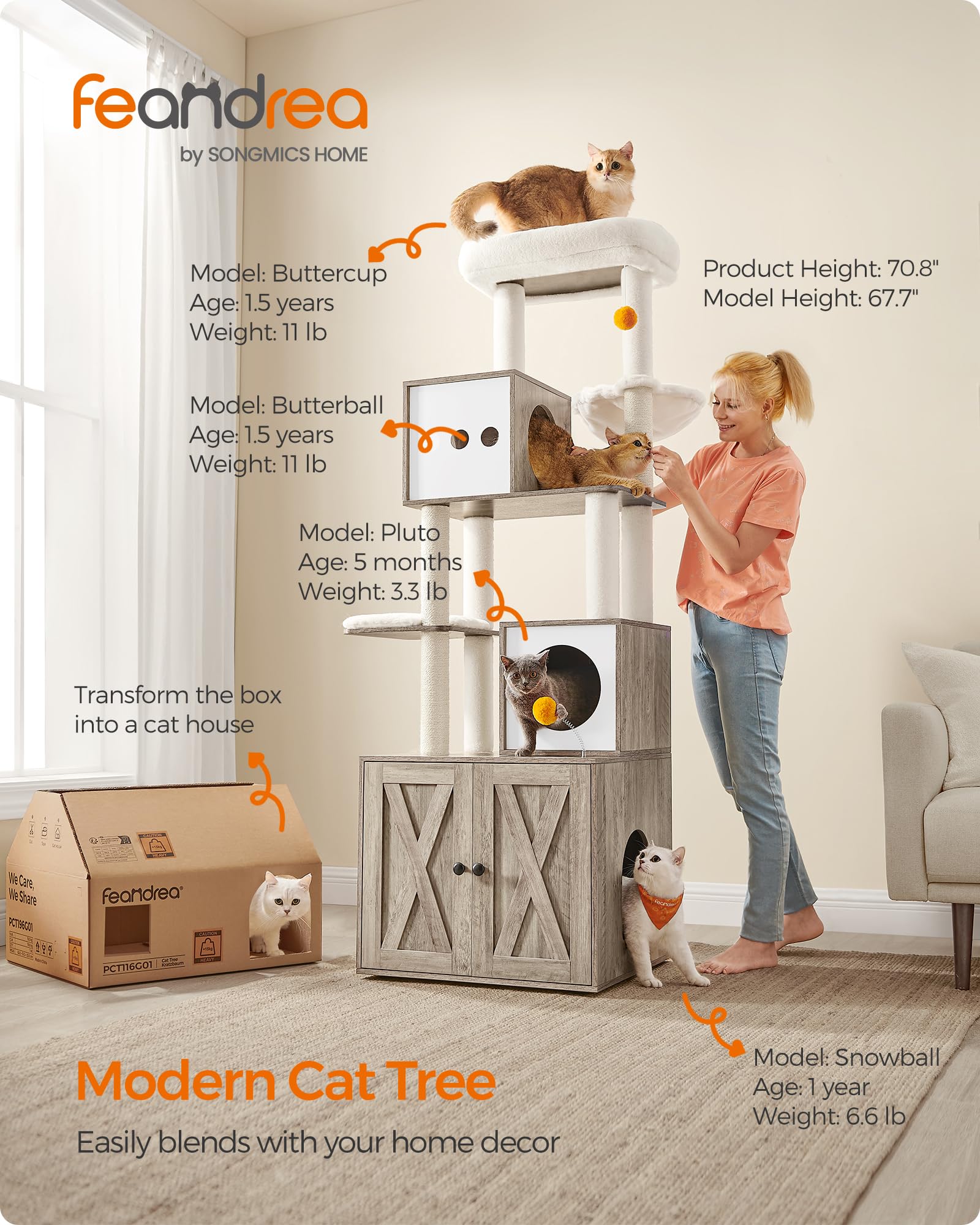 Feandrea Cat Tree with Litter Box Enclosure, 70.8" Tall Condo, Heather Greige, Model UPCT116G01, Plush & Sisal Material