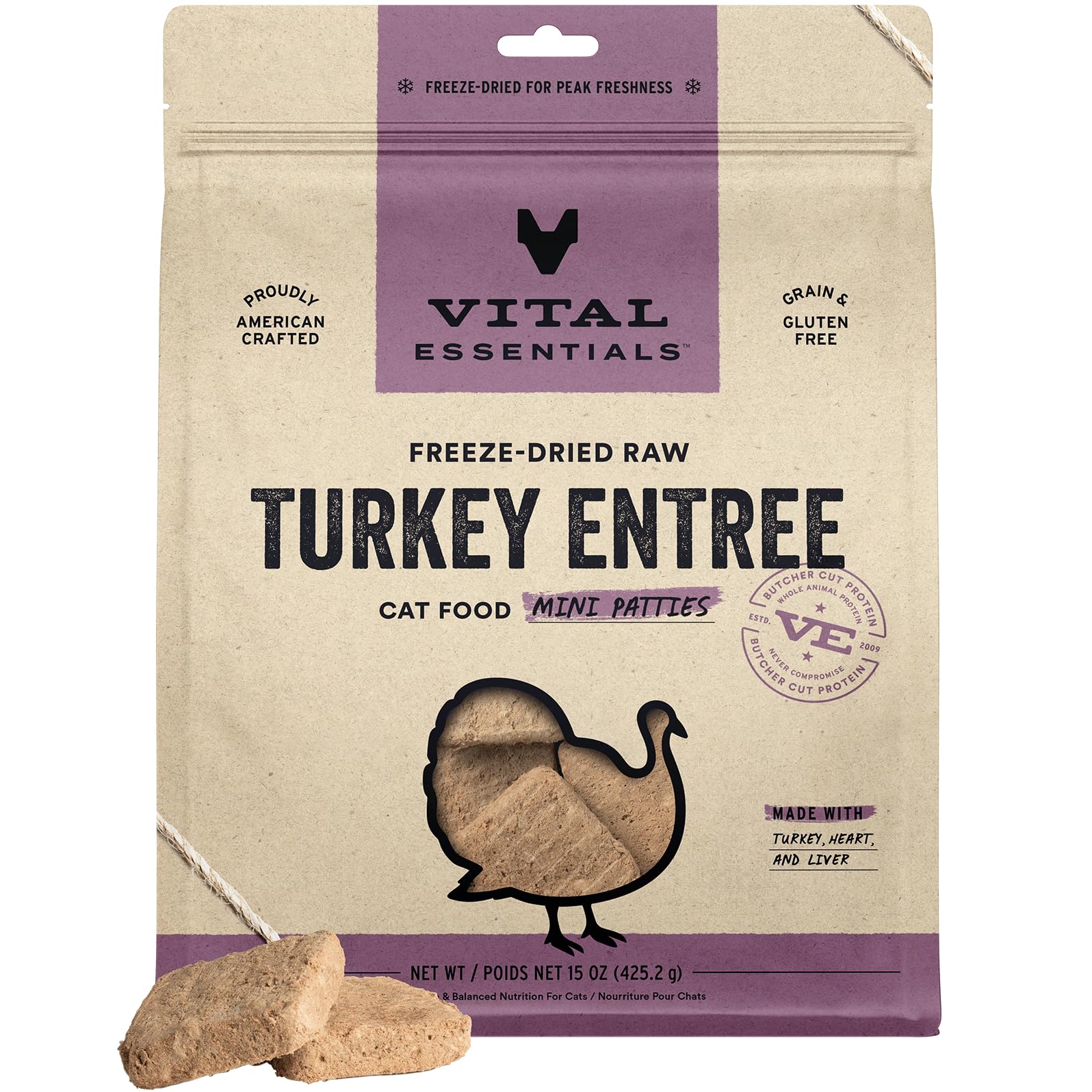 Vital Essentials Freeze Dried Raw Cat Food, Turkey Mini Patties Entree, 15 oz