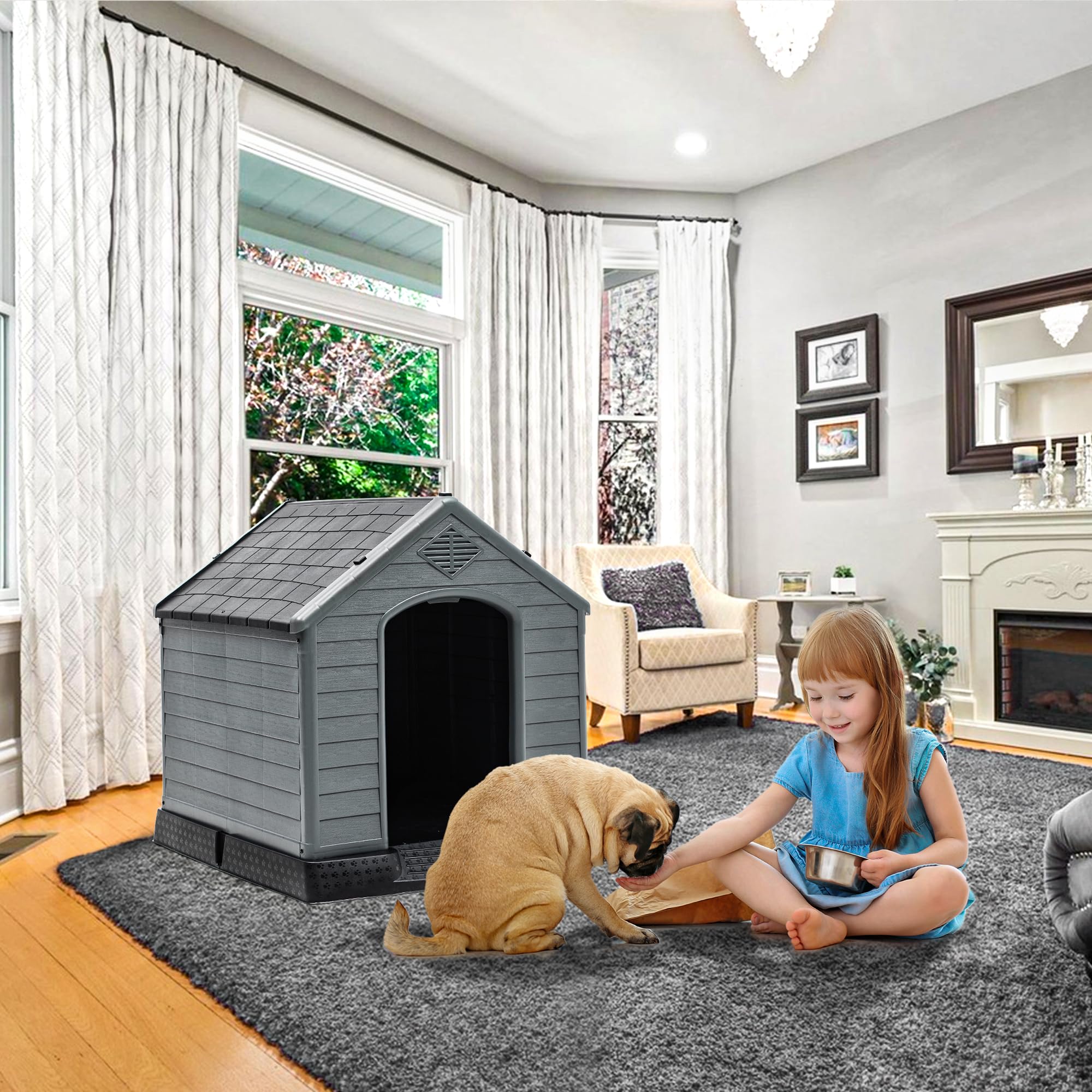 YITAHOME Plastic Dog House - 34.5'' Indoor/Outdoor Kennel, Water Resistant, Black+Gray, Easy Assembly, Elevated Floor, Model MAYIHfxW1q