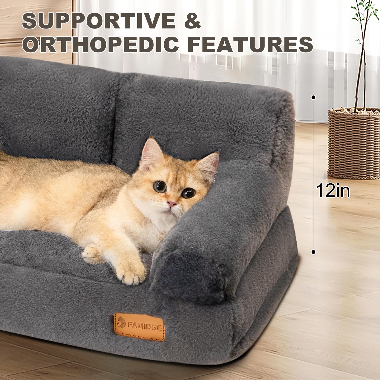 Famidge Cat Couch, Fluffy Cat Bed For Indoor Cats, Calming Pet Sofa Bed Puppy Sleeping Bed, Cute Dog Couch For Medium Cats & Dog