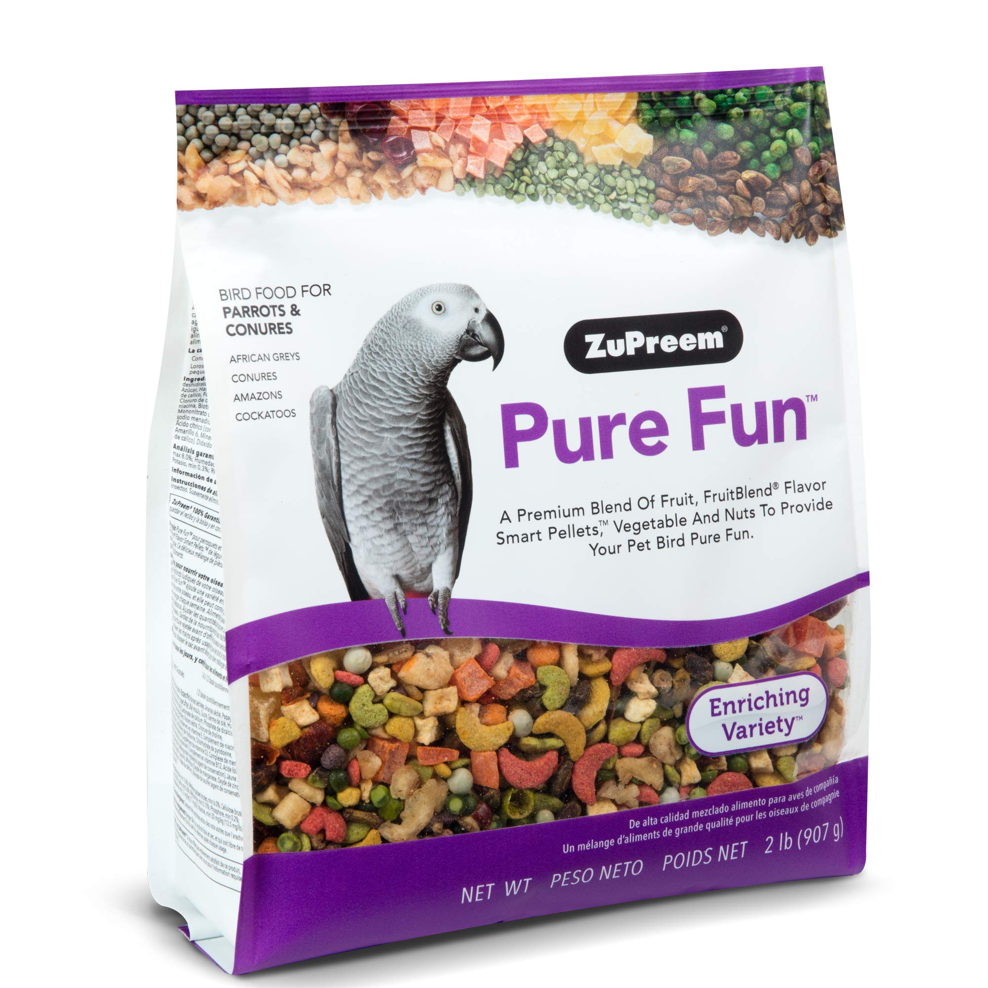 ZuPreem Pure Fun Bird Food for Parrots & Conures, 2 lb (Pack of 2) - Blend of Fruit, FruitBlend Pellets, Vegetables, Nuts for Ca