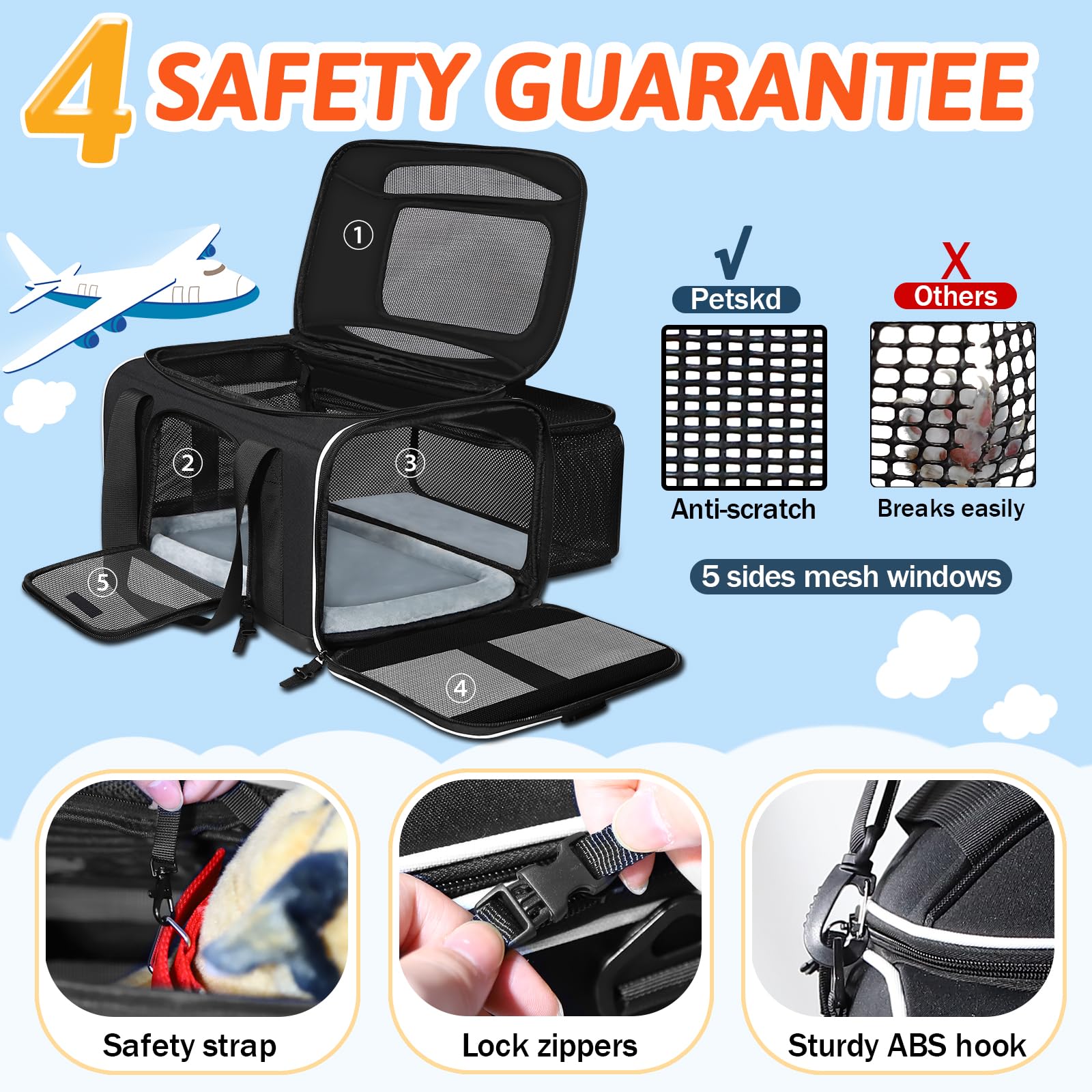 Petskd Expandable Pet Carrier for Small Cats and Dogs, 18x13x9.5", Black, Soft-Sided, Airline Approved with Safety Zippers