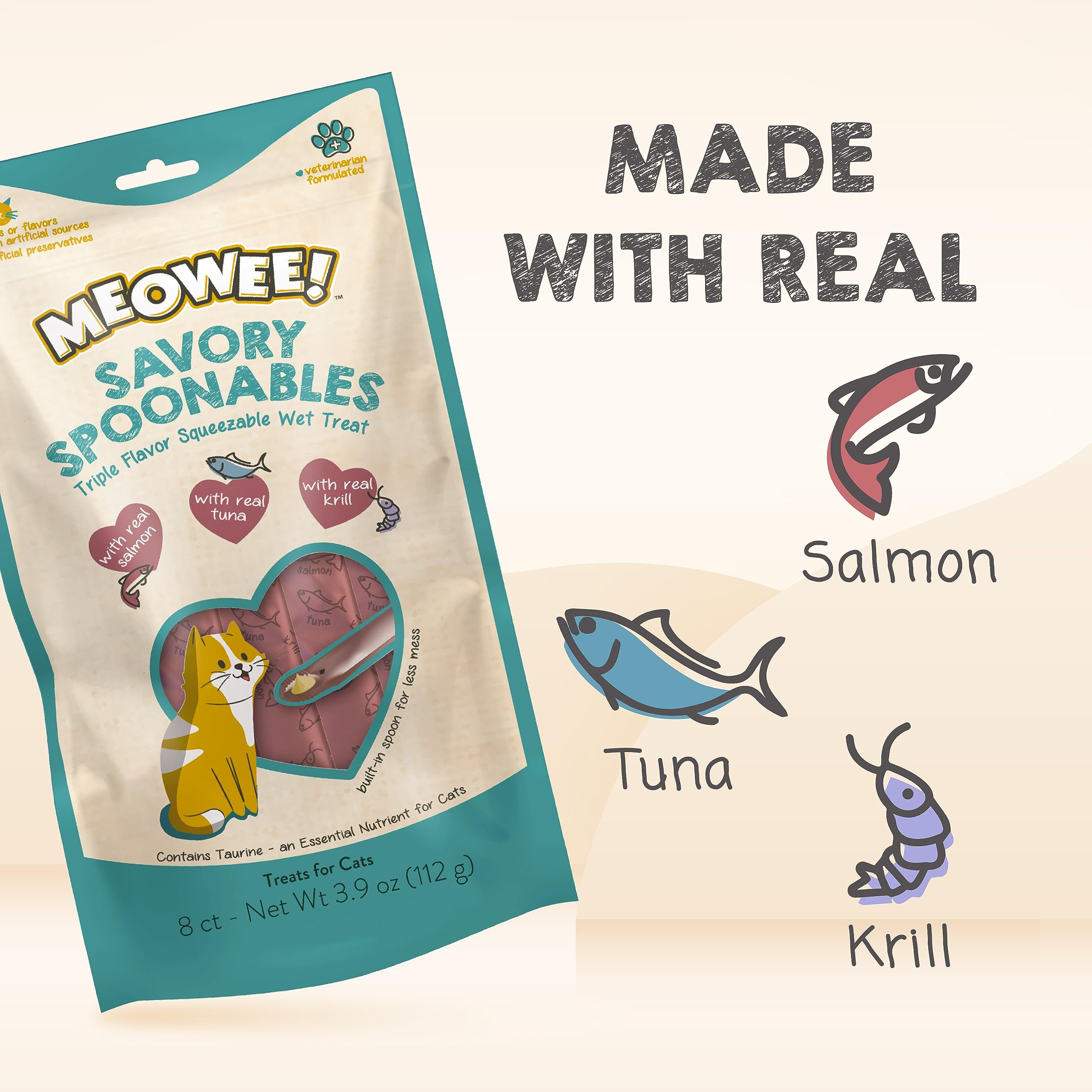 MEOWEE! Savory Spoonables with Real Salmon, Tuna & Krill, 8 Count Tube, Triple Flavor Squeezable Lickable Wet Treats for Cats wi