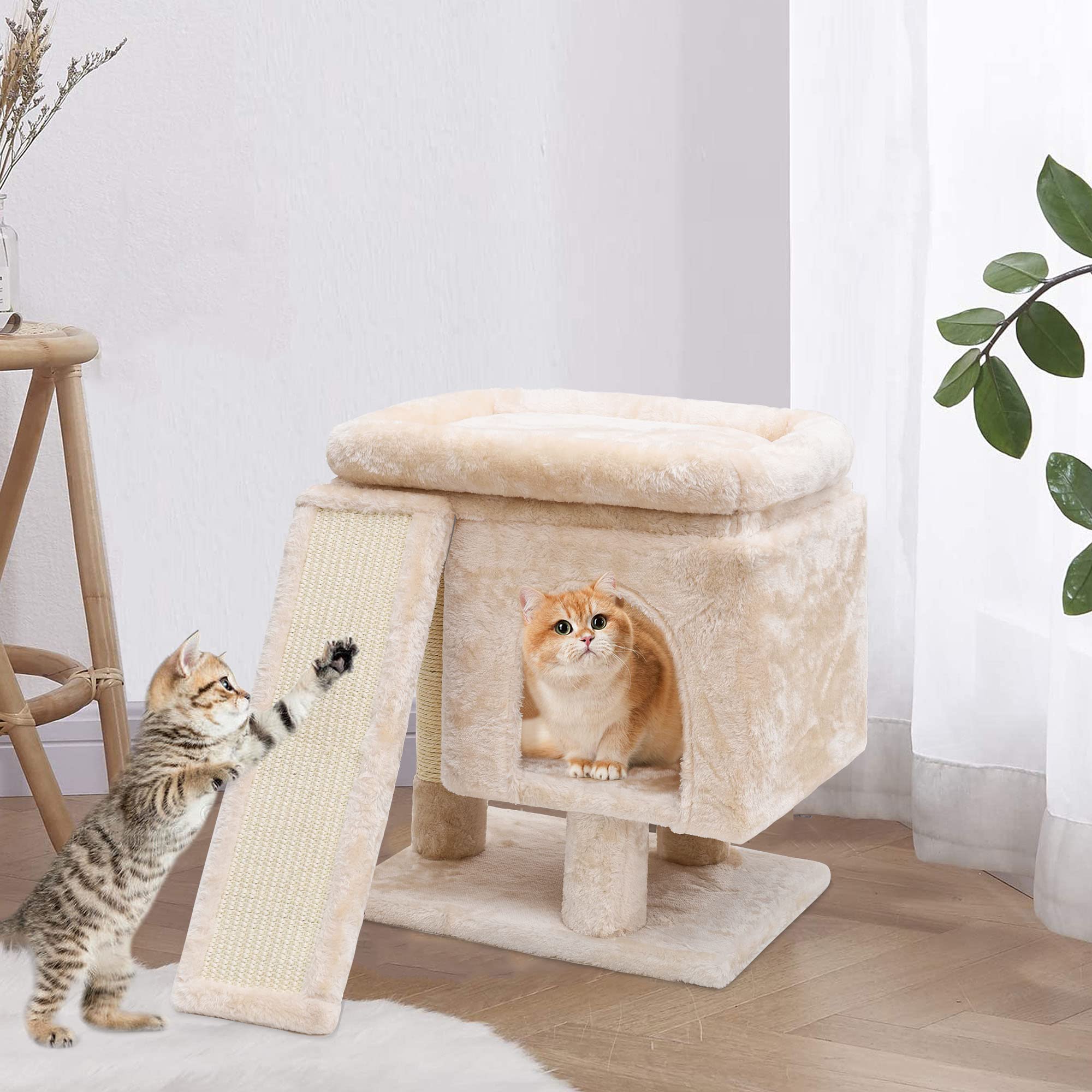 SYANDLVY Cat Tree Condo - Modern Activity Tower with Scratching Post, Light Grey, 18in, Wood